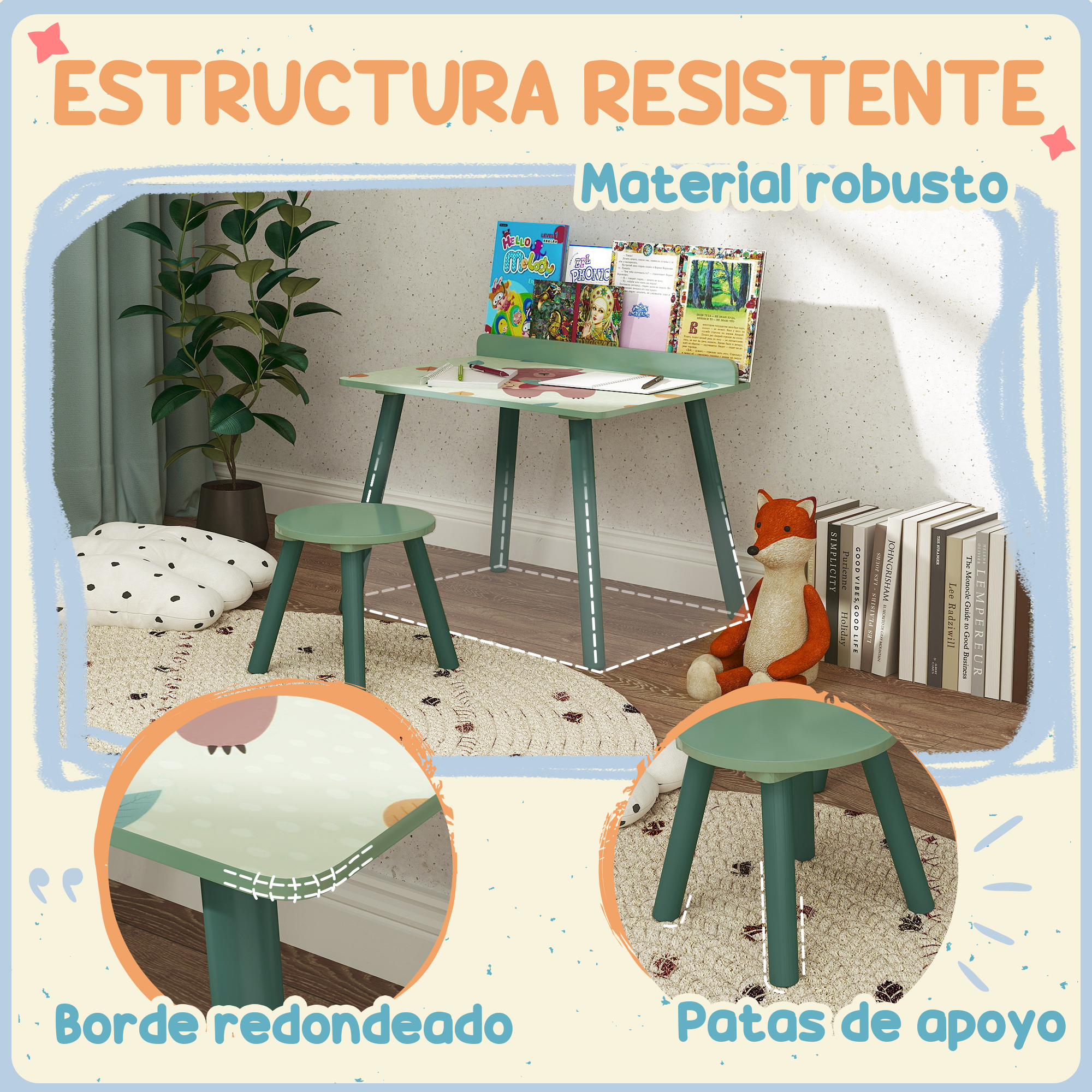 Un juego de escritorio y taburete para niños. Libros en el escritorio. Un peluche de zorro y una planta en el fondo.