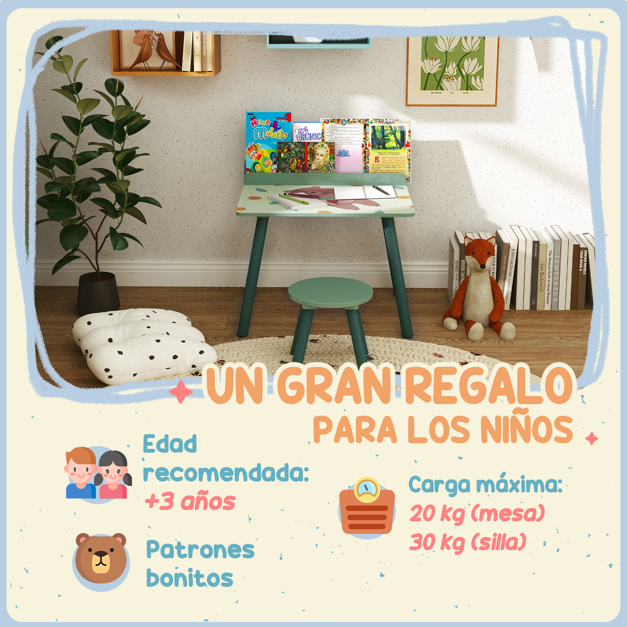 Un escritorio y juego de sillas para niños con libros, un juguete de zorro y elementos decorativos, promocionando el producto.