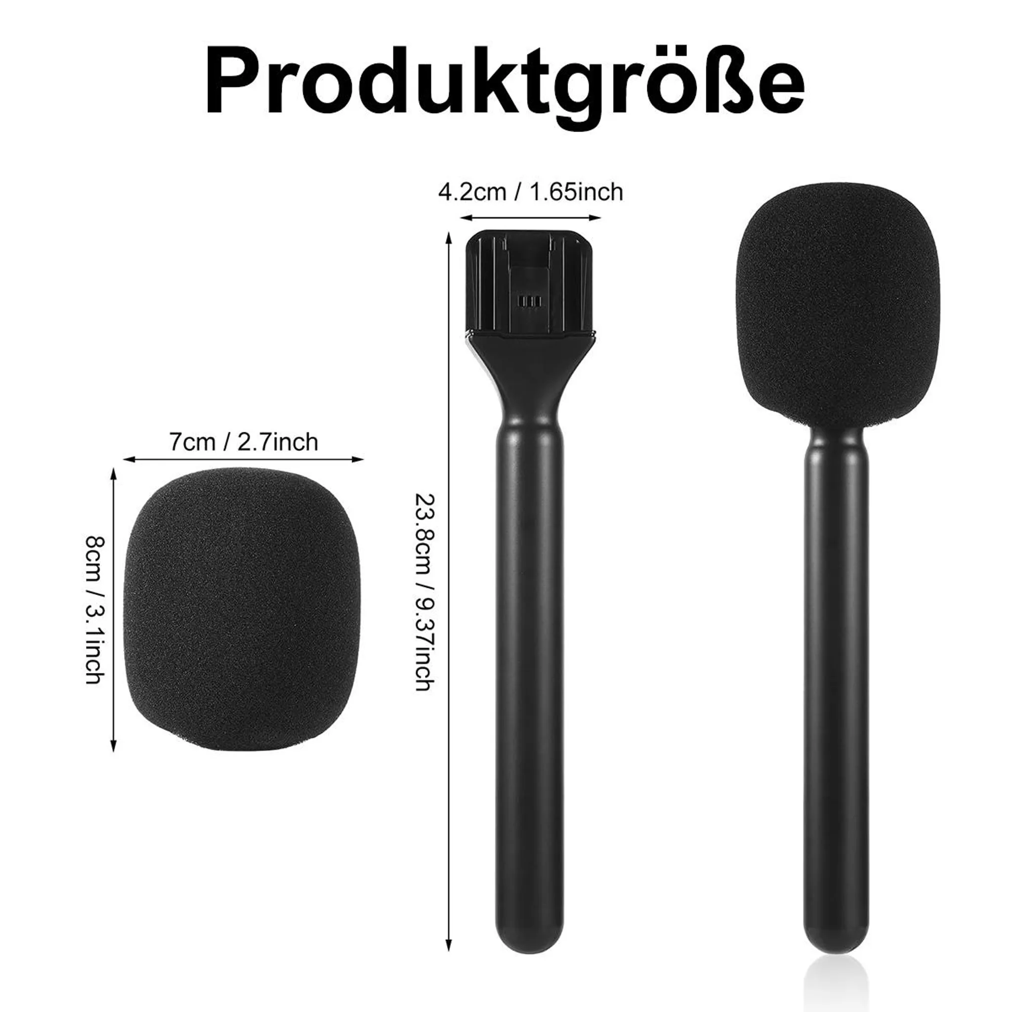 Drei Mikrofone mit Maßangaben. Zwei haben schwarze Schaumstoffabdeckungen, eines ist unbedeckt, alles vor weißem Hintergrund.