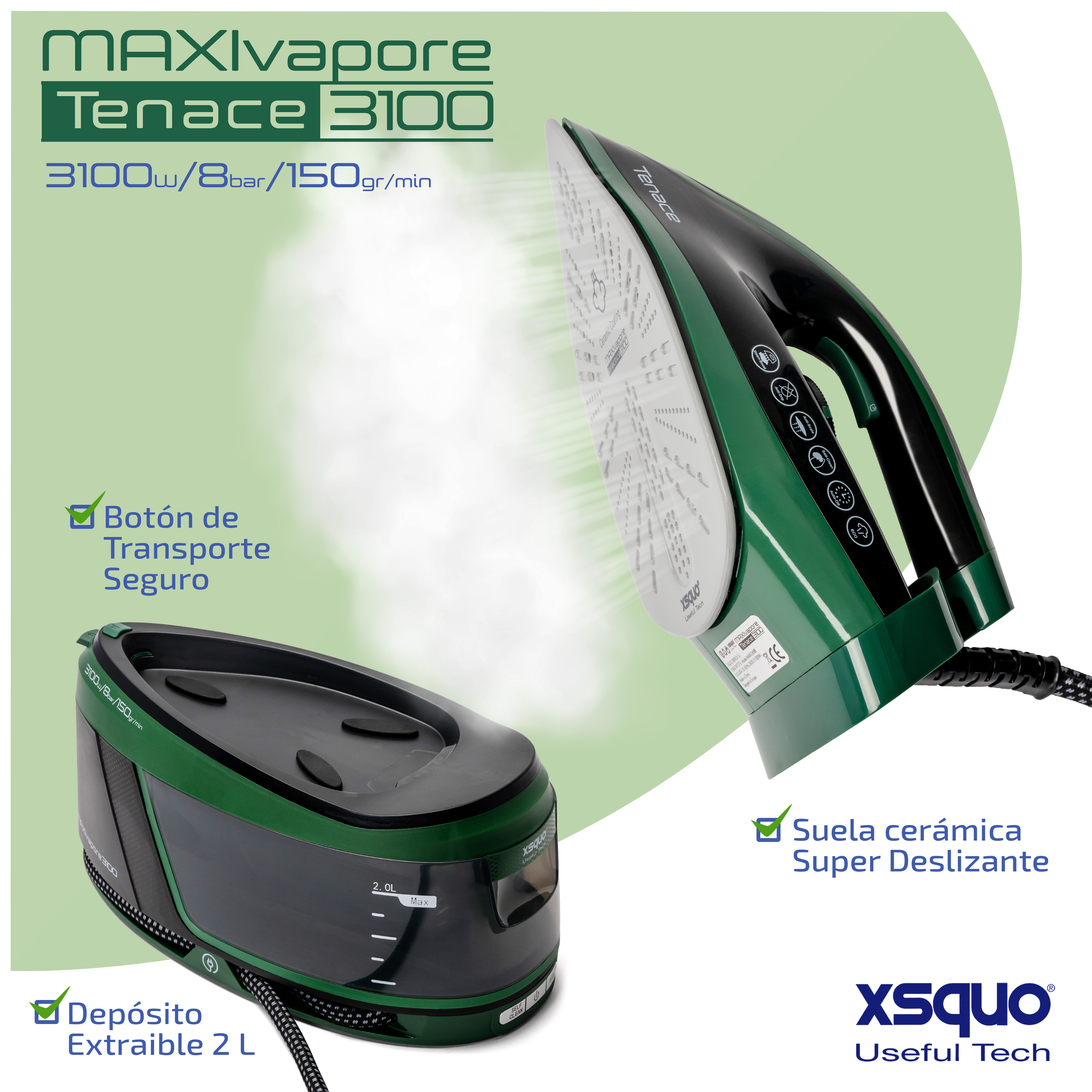 Una plancha con diseño verde y negro. Texto: MAXIvapore Tenace 3100. Características: suela cerámica, depósito extraíble.