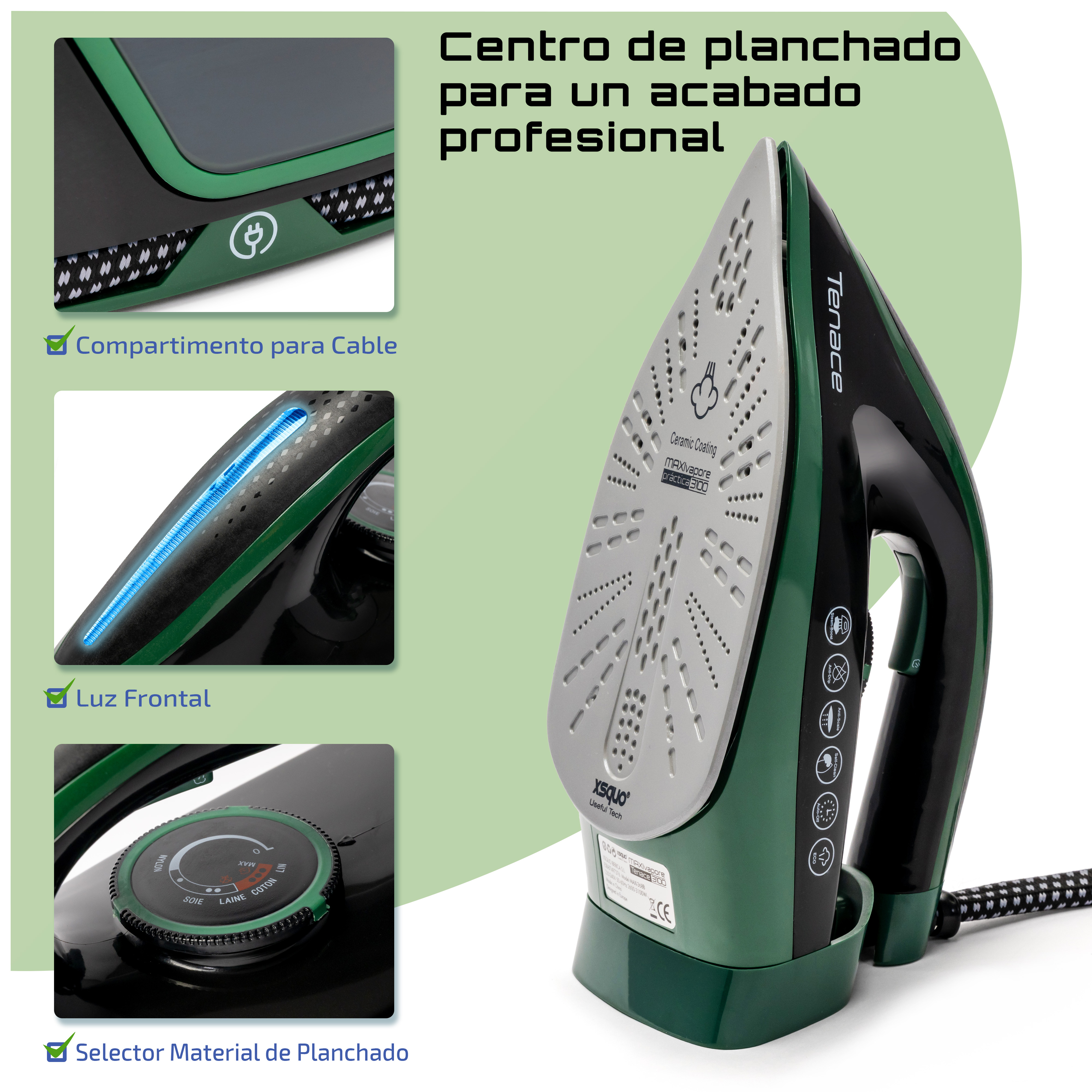 Plancha verde y negra con detalles, texto en español. Primeros planos muestran compartimento de cable, luz frontal y selector de material.
