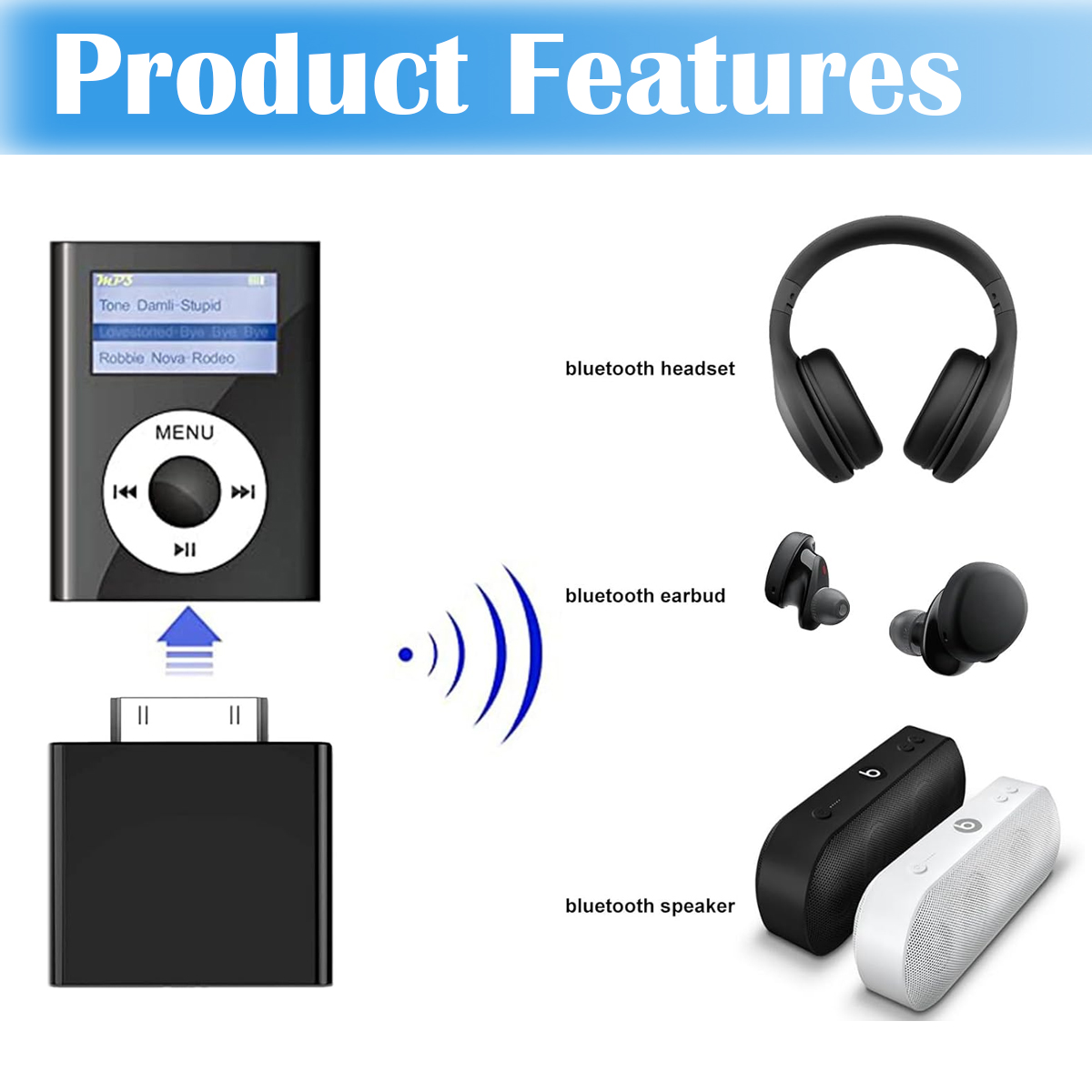 Das Bild zeigt Audioprodukte: Kopfhörer, Ohrhörer und Lautsprecher. Es enthält auch einen MP3-Player und einen Bluetooth-Adapter.