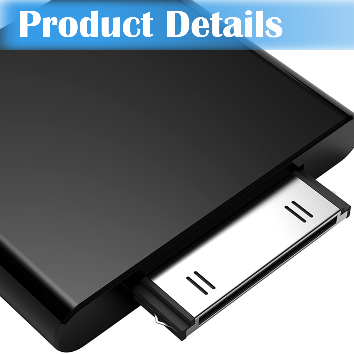 Nahaufnahme eines schwarzen elektronischen Geräts mit teilweise eingesetztem silbernen Stecker. Der Text 'Product Details' steht oben.