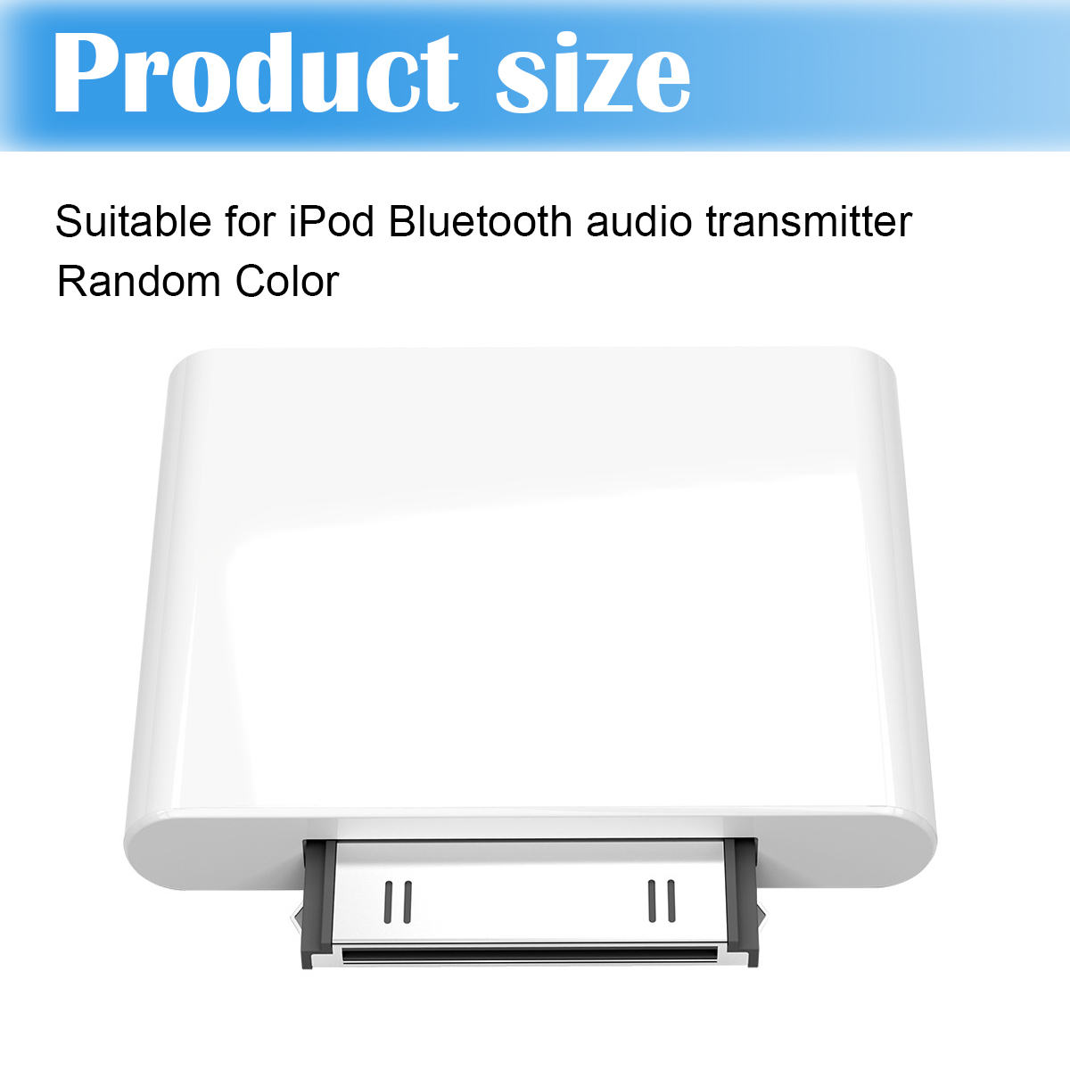 Ein weißer iPod Bluetooth Audio Transmitter. Es ist rechteckig mit abgerundeten Kanten und einem schwarzen Anschluss. Text 'Produktgröße' oben.