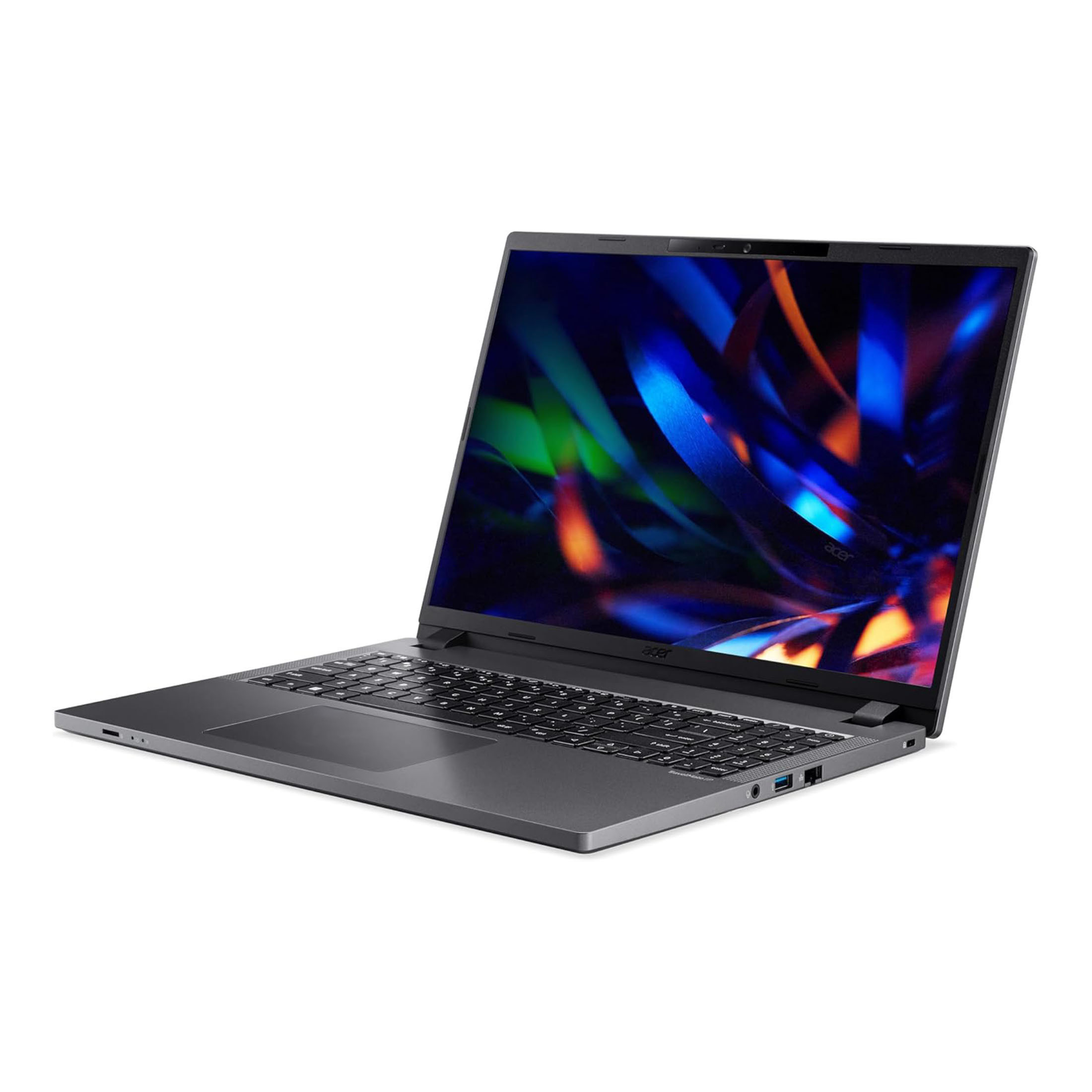 Un laptop Acer grigio è aperto, angolato. Lo schermo mostra un'immagine astratta colorata. Lo sfondo è bianco.