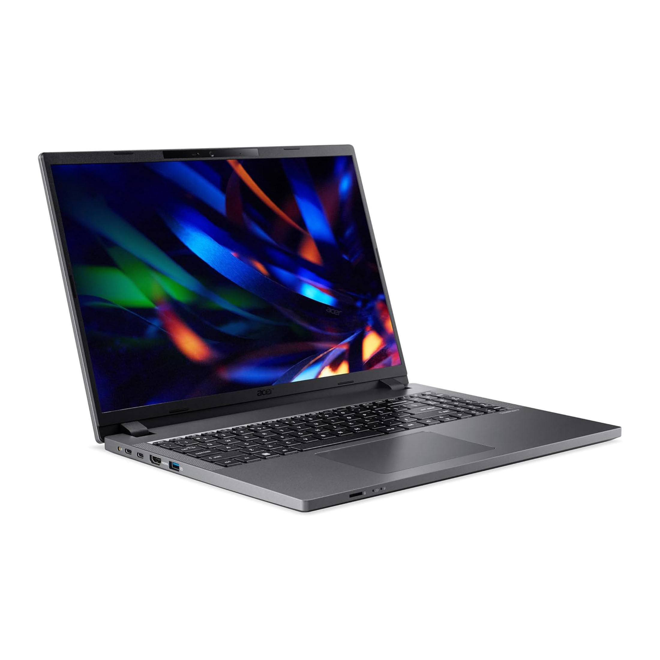 Un laptop Acer grigio è aperto, angolato. Lo schermo mostra un design astratto colorato. Sfondo bianco.
