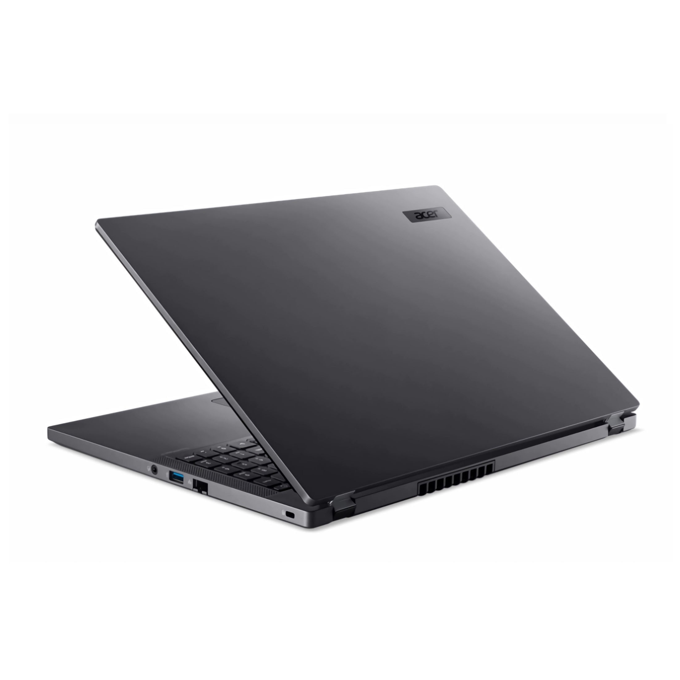 Un laptop Acer grigio scuro è aperto. Lo schermo è inclinato all'indietro, rivelando la tastiera.
