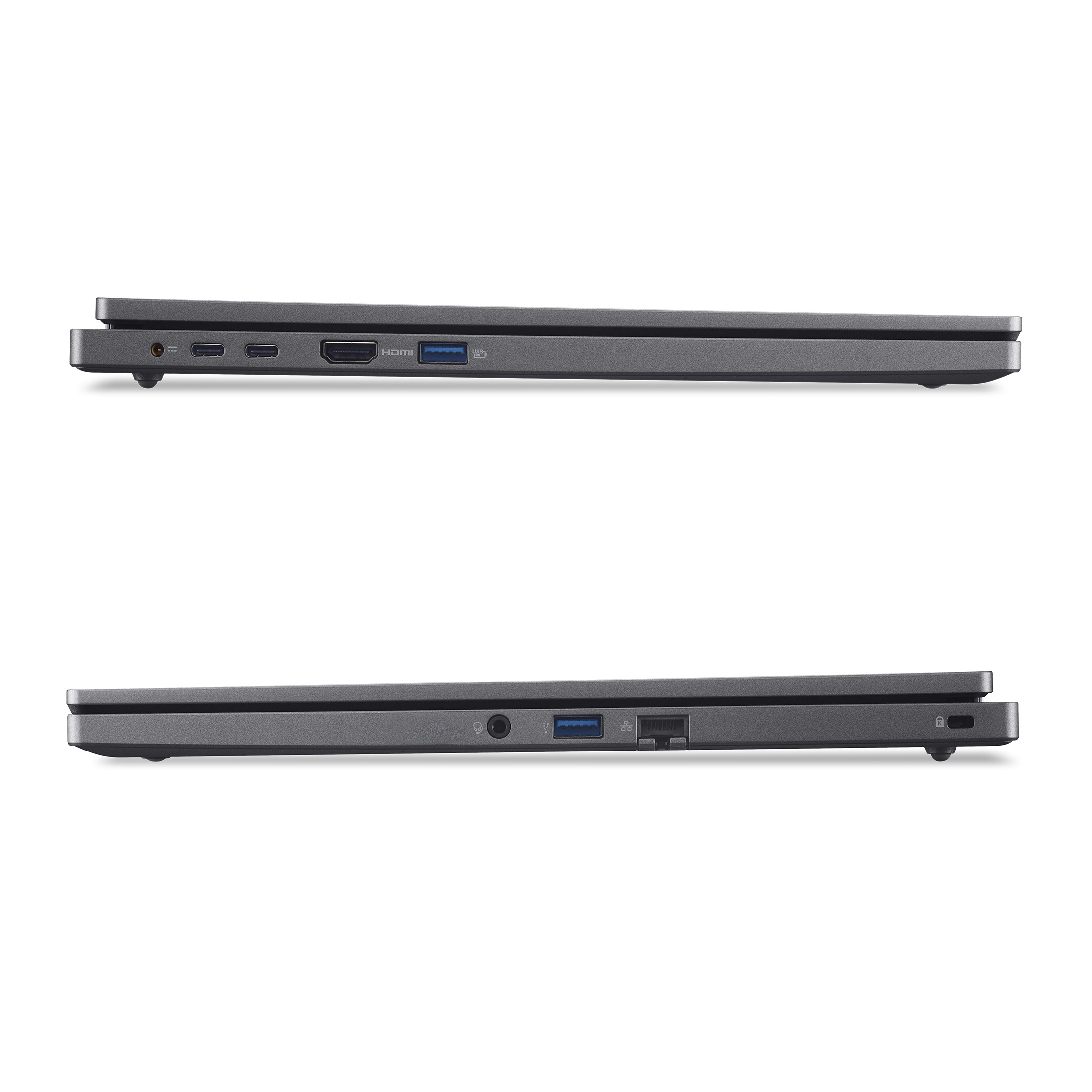 Vista laterale di un laptop grigio che mostra le porte. Fila superiore: alimentazione, micro USB, HDMI, USB. Fila inferiore: audio, USB, rete, blocco.