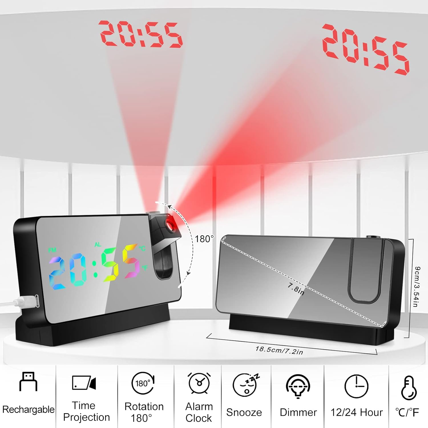 Una sveglia digitale mostra l'ora, 20:55, con un proiettore. Ha funzioni per snooze, dimmer e display 12/24 ore.