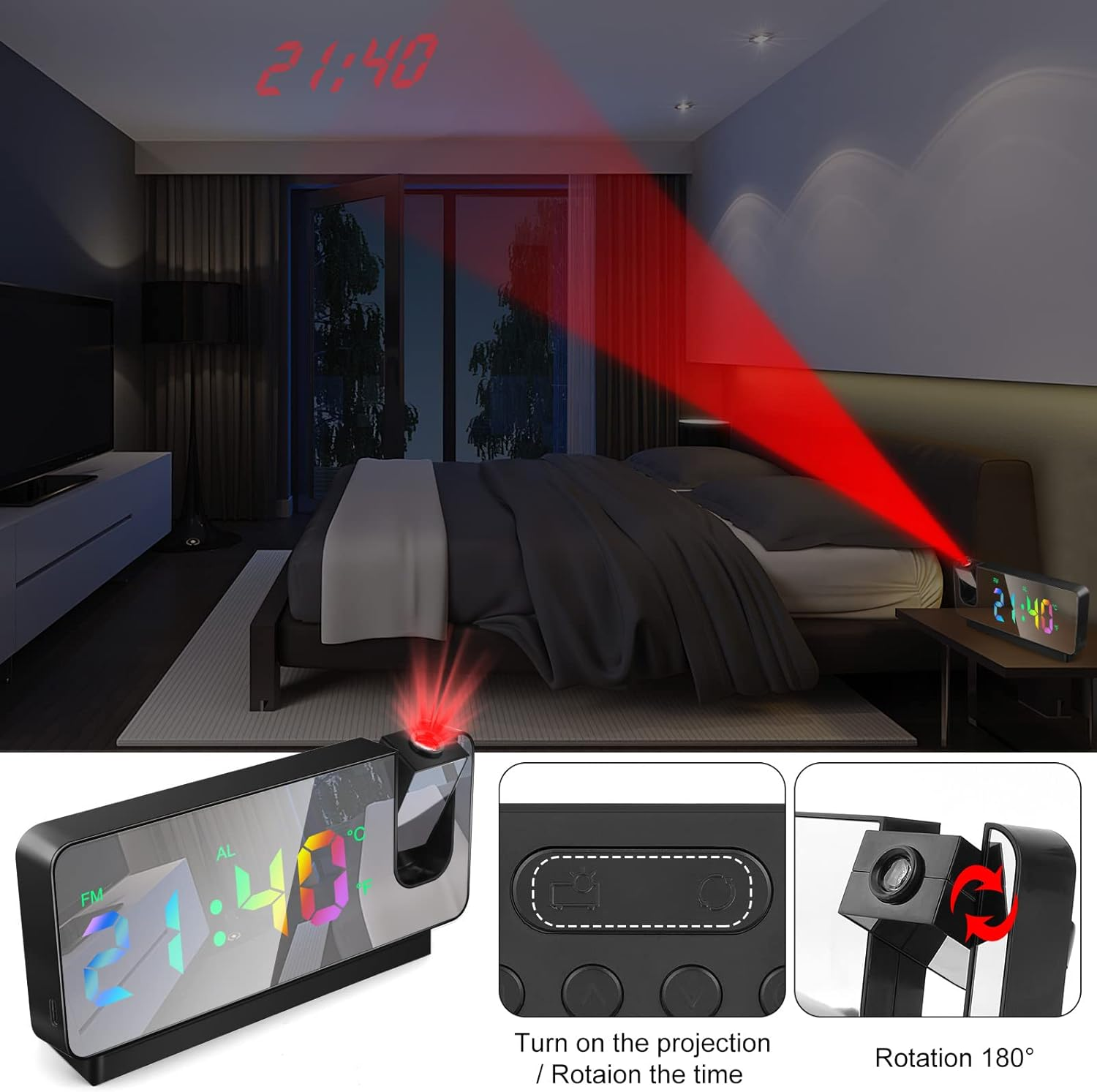 Una camera da letto mostra un orologio digitale che proietta l'ora sul soffitto. L'orologio mostra anche l'ora. C'è un letto e un comodino.