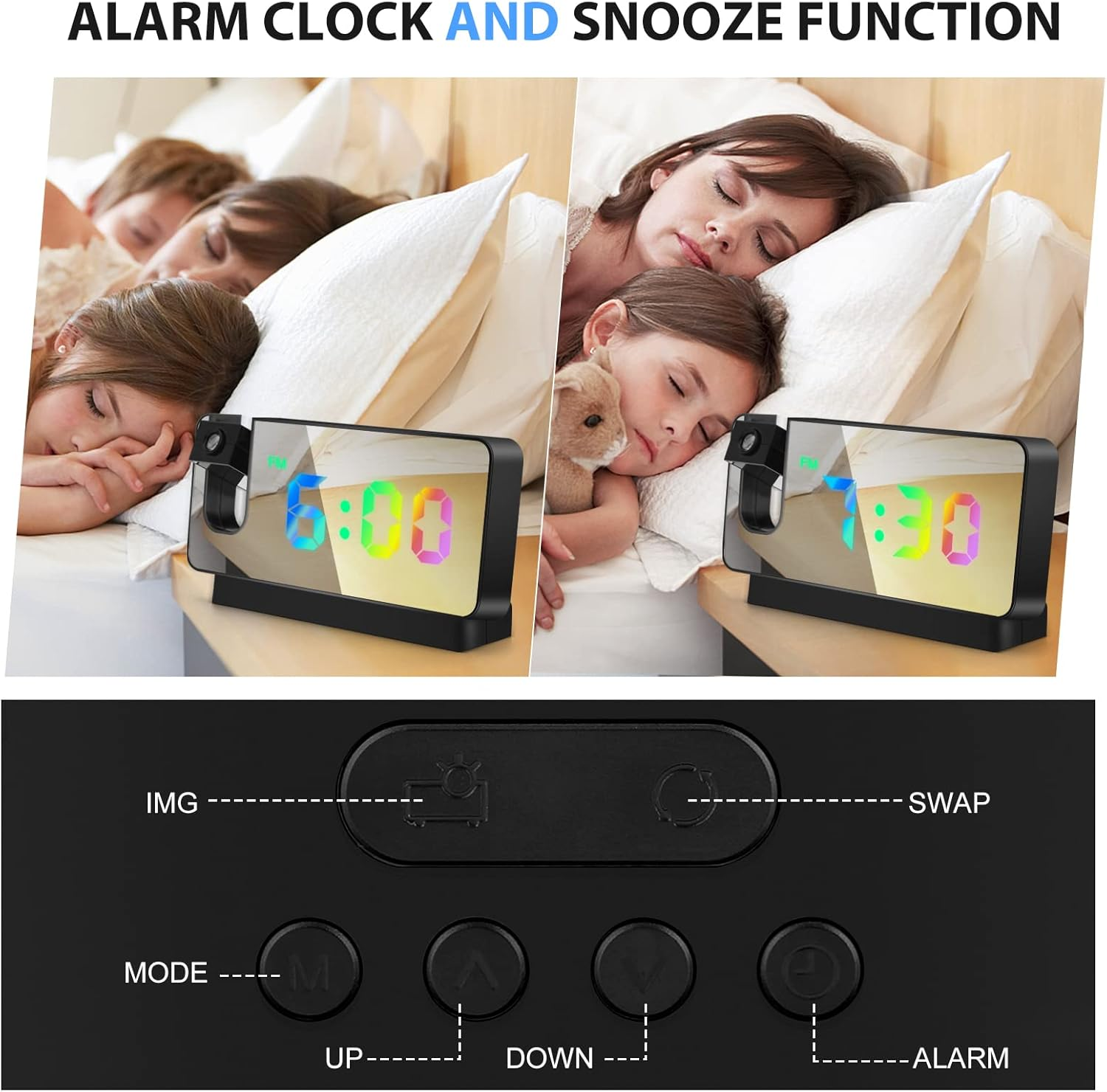 L'immagine mostra una sveglia con funzione snooze. Le persone dormono a letto accanto agli orologi. I pulsanti di controllo sono visualizzati in basso.