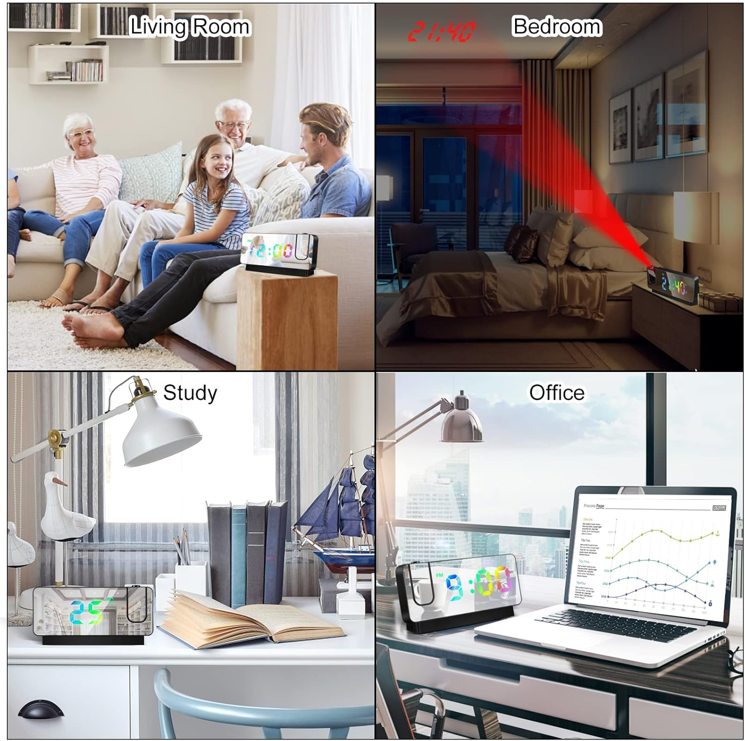 L'immagine mostra un orologio che visualizza l'ora in quattro diverse impostazioni: soggiorno, camera da letto, studio e ufficio. Ogni scena ha un orologio.