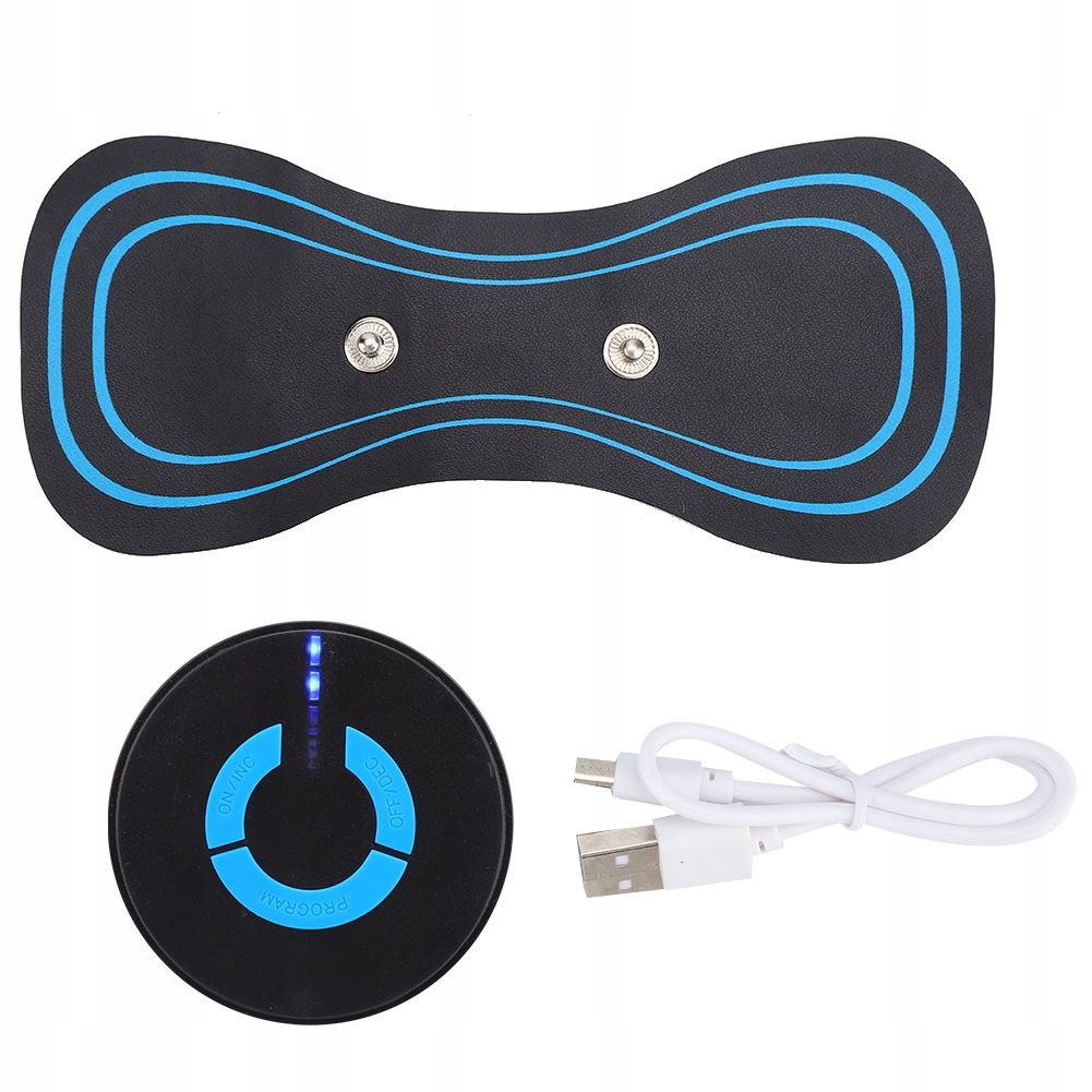 Schwarze Muskelstimulationspads mit blauen Akzenten, eine runde Steuereinheit und ein weißes USB-Kabel.