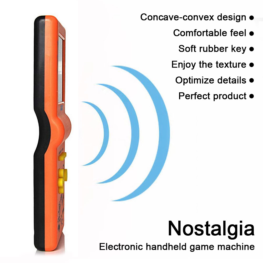 Eine orangefarbene Handheld-Spielkonsole mit schwarzen Kanten. Blaue wellenförmige Linien rechts und Text: 'Nostalgie'.