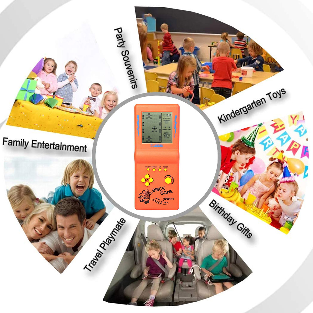 Orange Brick Game-Konsole, umgeben von Kindern beim Spielen, für Party-Andenken und Geschenke.