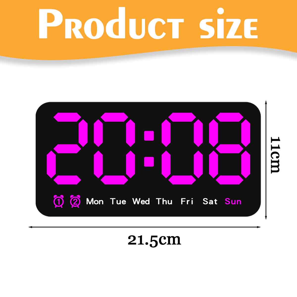 Digitaluhr mit der Anzeige 20:08, mit den Maßen 21,5 cm x 11 cm. Wochentage werden angezeigt. Der Hintergrund ist orange und weiß.