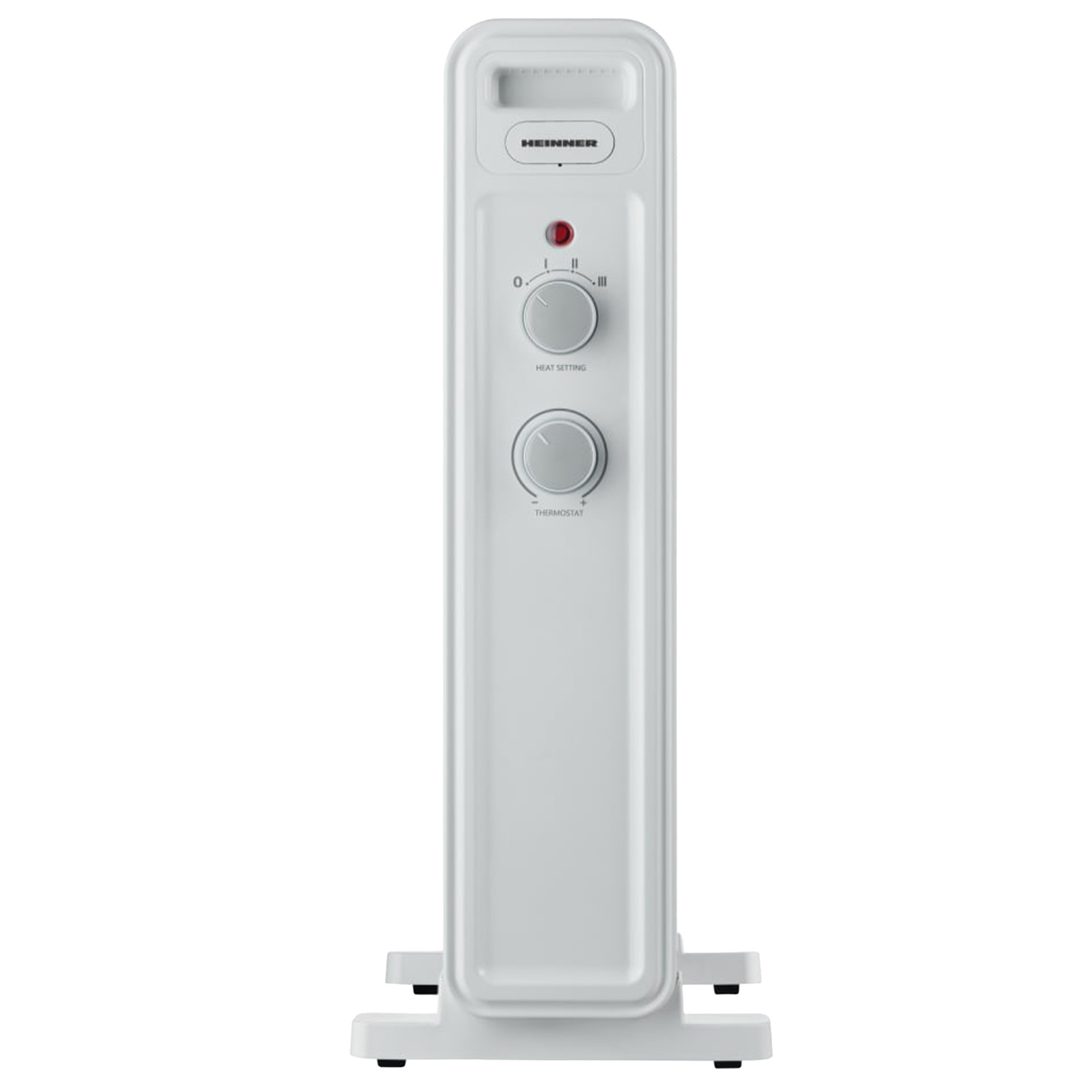 Weißer Elektroheizer. Hat Knöpfe für Heizungseinstellung und Thermostat. Markenname 'Heinner' sichtbar.