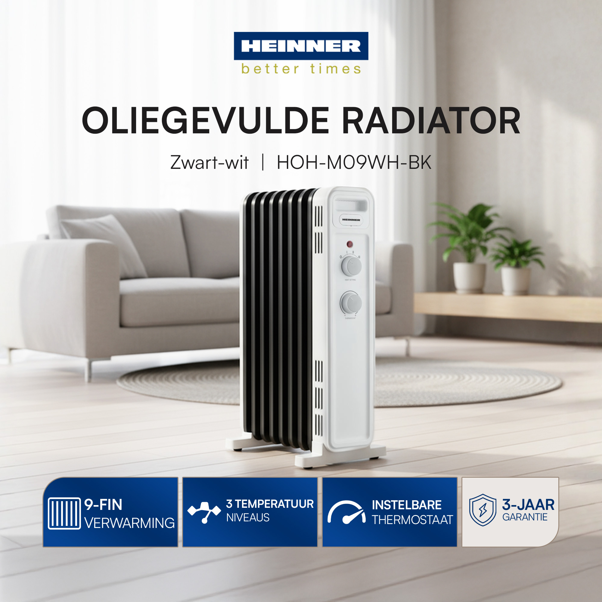 Ein schwarz-weißer Ölradiator steht in einem Wohnzimmer. Text unten beschreibt Funktionen.