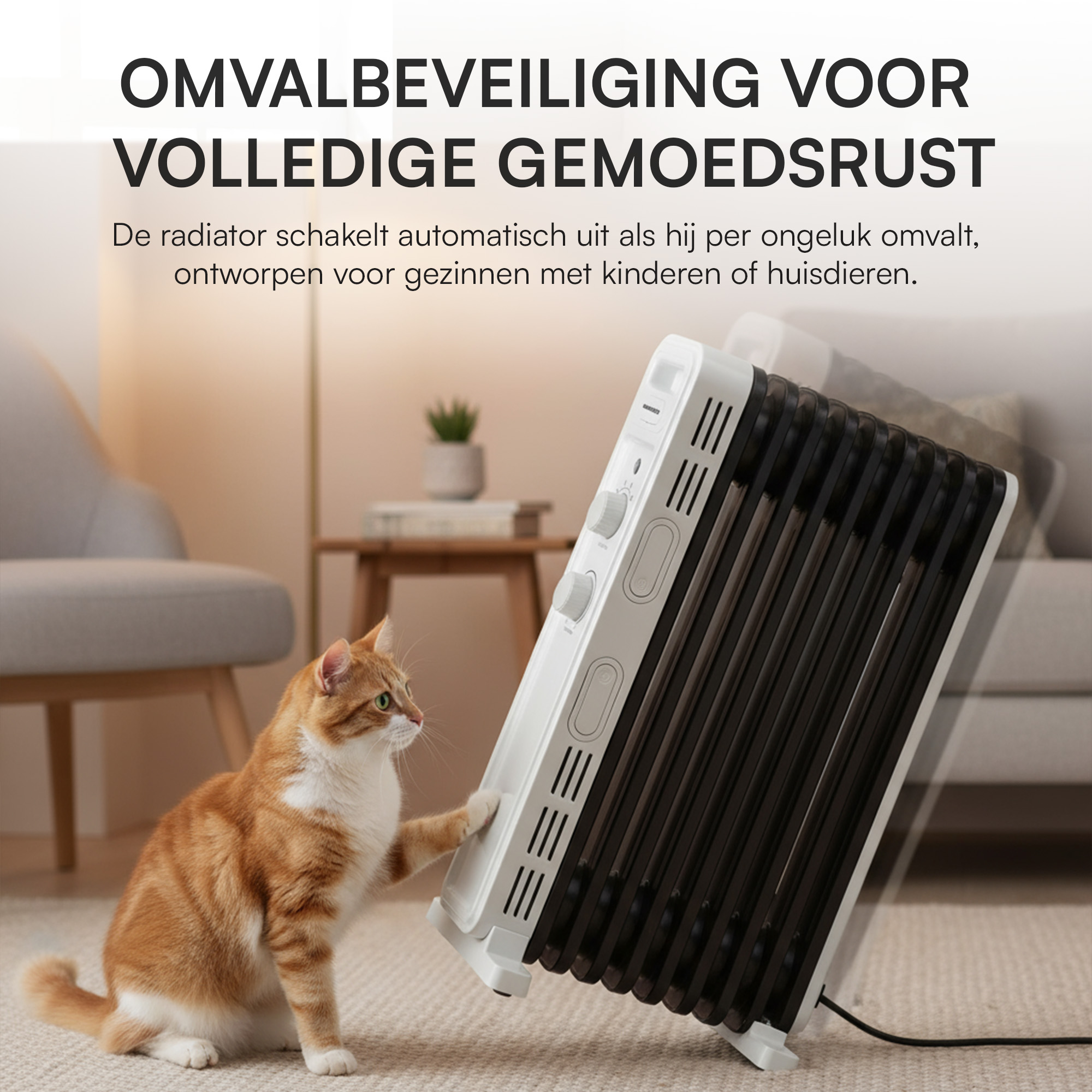 Eine Katze berührt einen weißen Heizkörper. Der Heizkörper hat schwarze Lamellen. Text: Sturzschutz für völlige Ruhe.