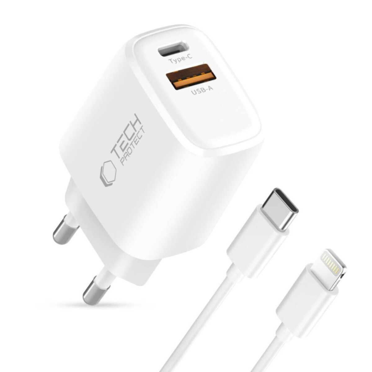 Chargeur blanc avec ports USB-A et Type-C. Deux câbles de charge blancs connectés. Un avec Type-C et l'autre avec connecteur Lightning.