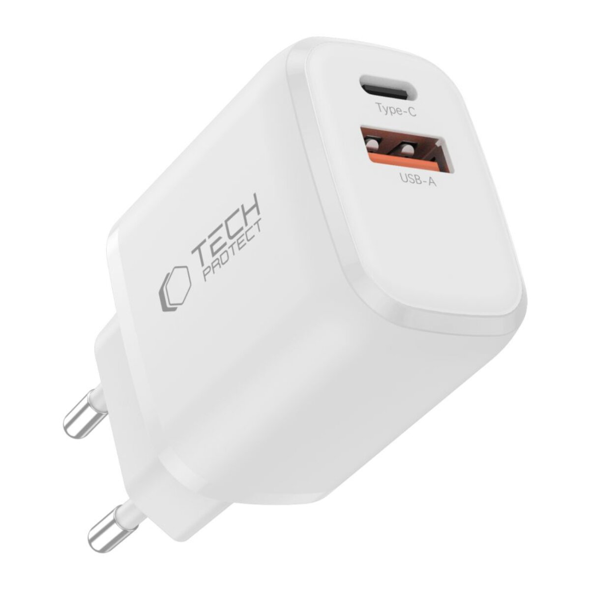 Chargeur USB blanc Tech Protect avec ports Type-C et USB-A et deux broches.