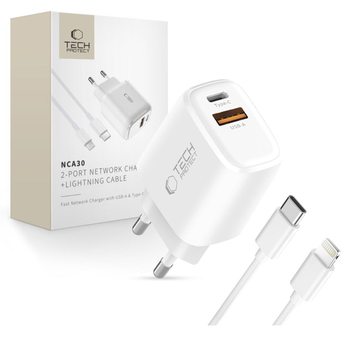 Un chargeur Tech Protect blanc avec ports USB-A et Type-C, avec deux câbles de charge et une boîte.
