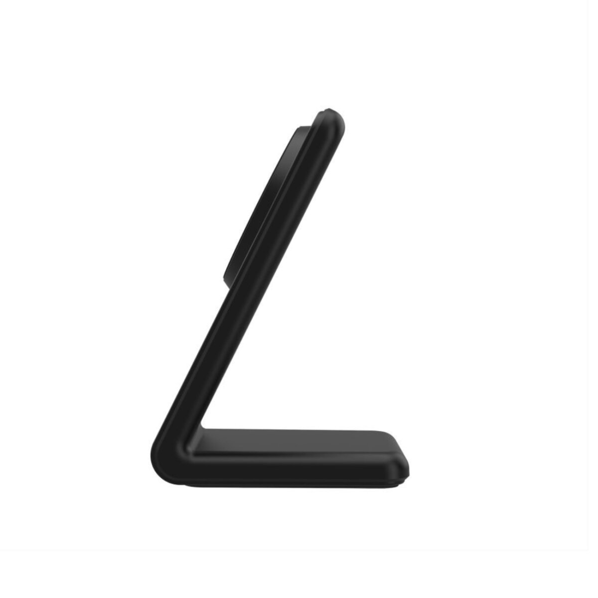 Un support de téléphone noir est montré de côté. Le support a une base et un support incliné pour tenir un téléphone.