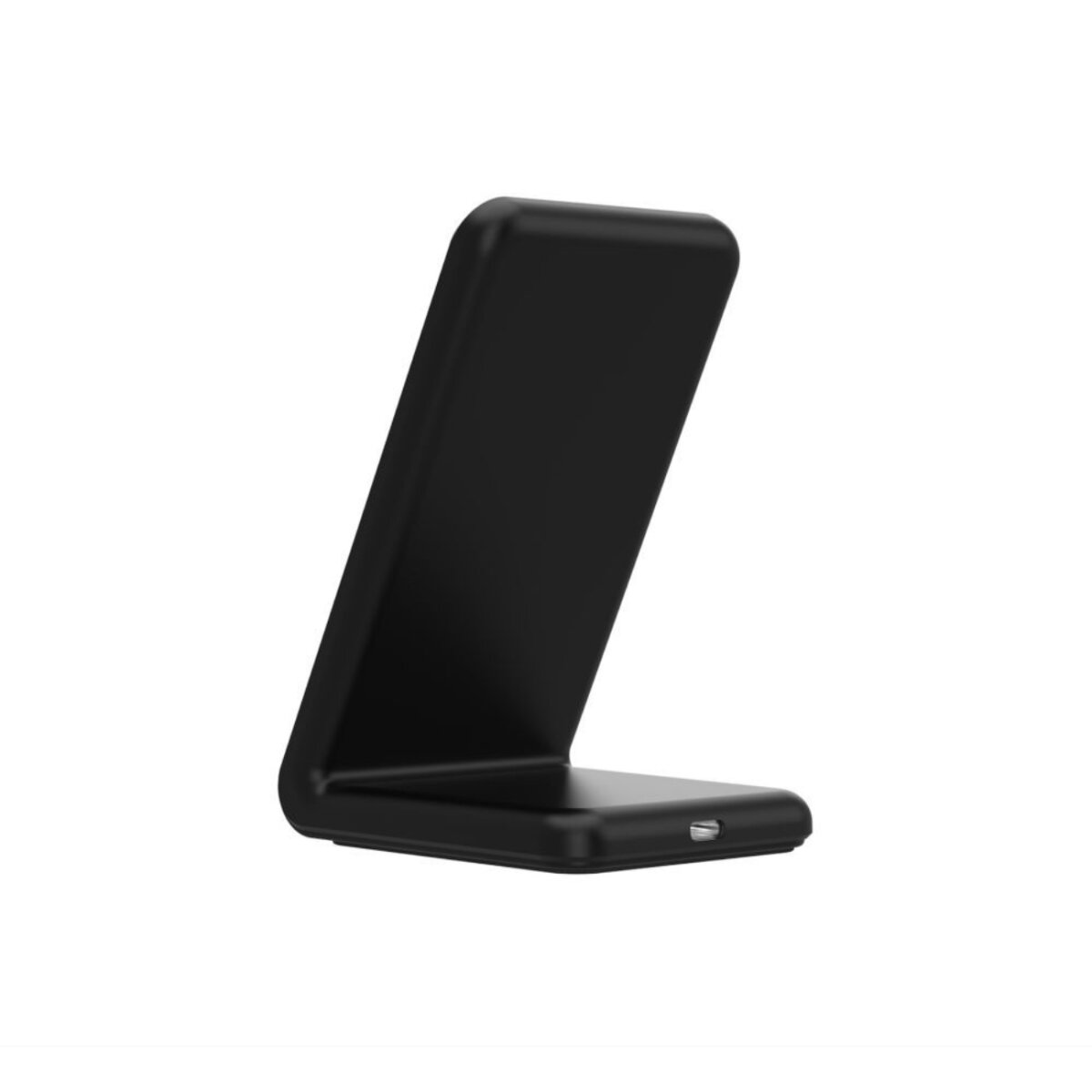 Un chargeur de téléphone sans fil noir de conception angulaire, avec une base et un dos incliné. Il se tient seul sur fond blanc.