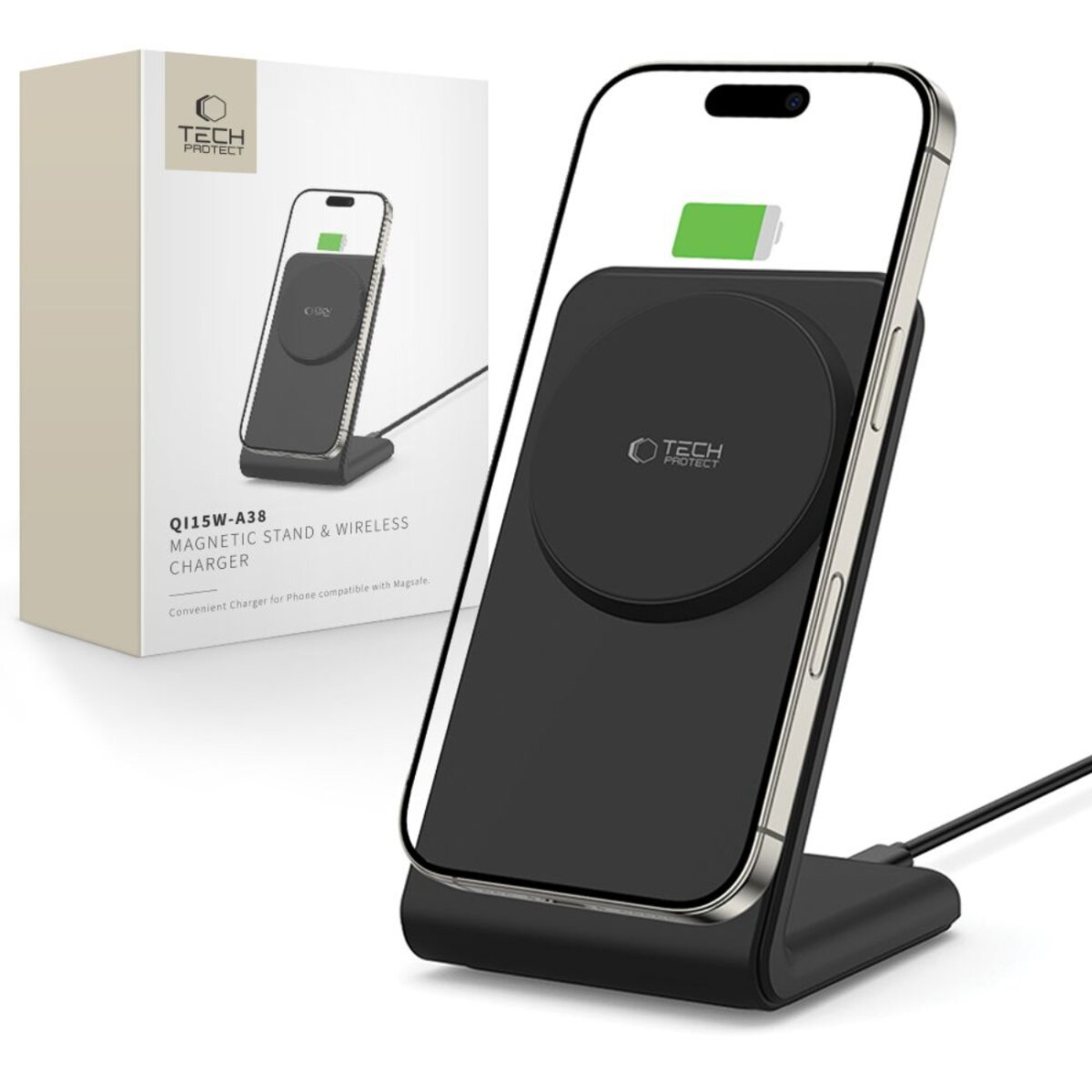 Un téléphone se recharge sur un support. Une boîte avec le nom du produit est derrière. Le téléphone affiche une icône de chargement.