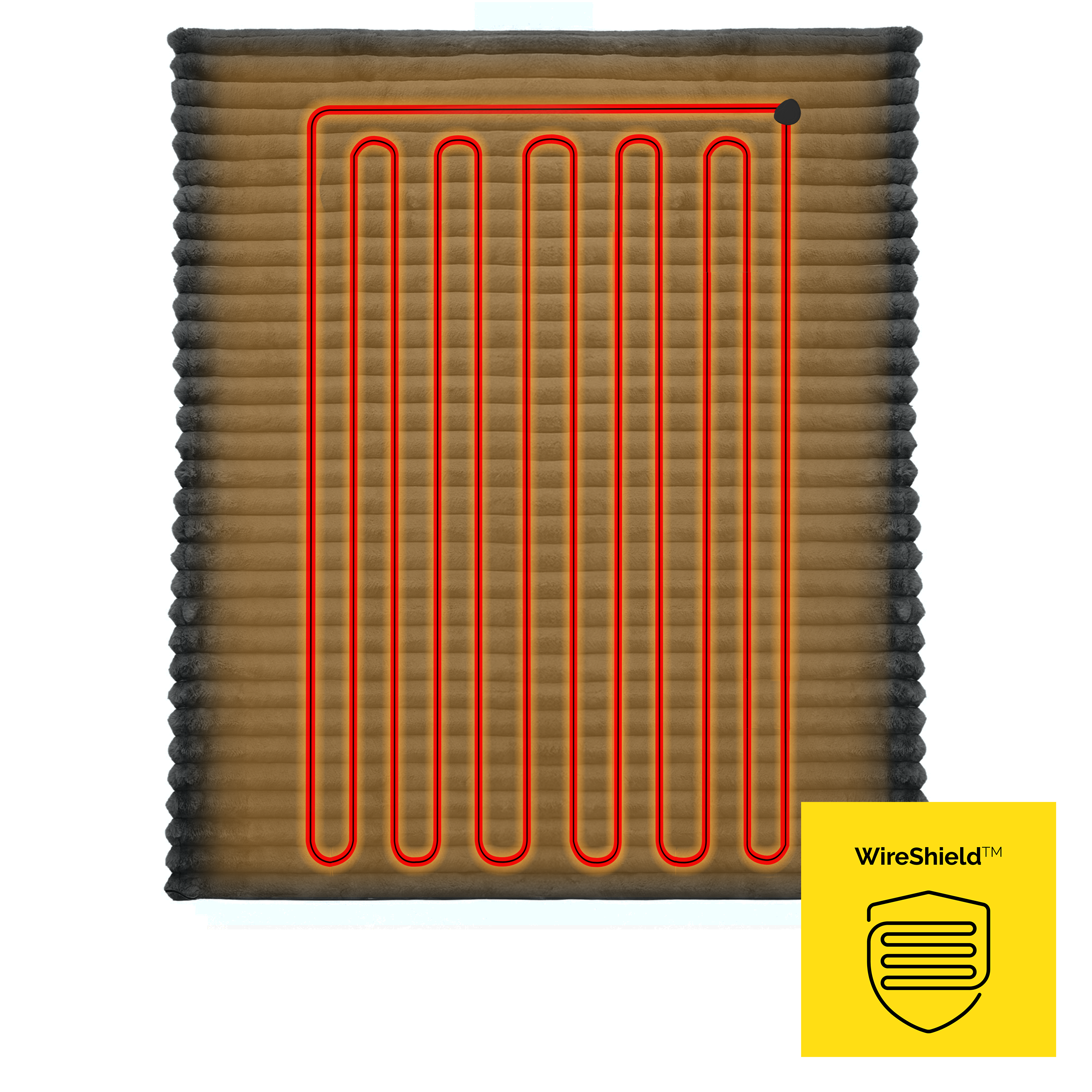 Ogrzewana nakładka na materac z czerwonymi elementami grzejnymi. Logo WireShield w prawym dolnym rogu.