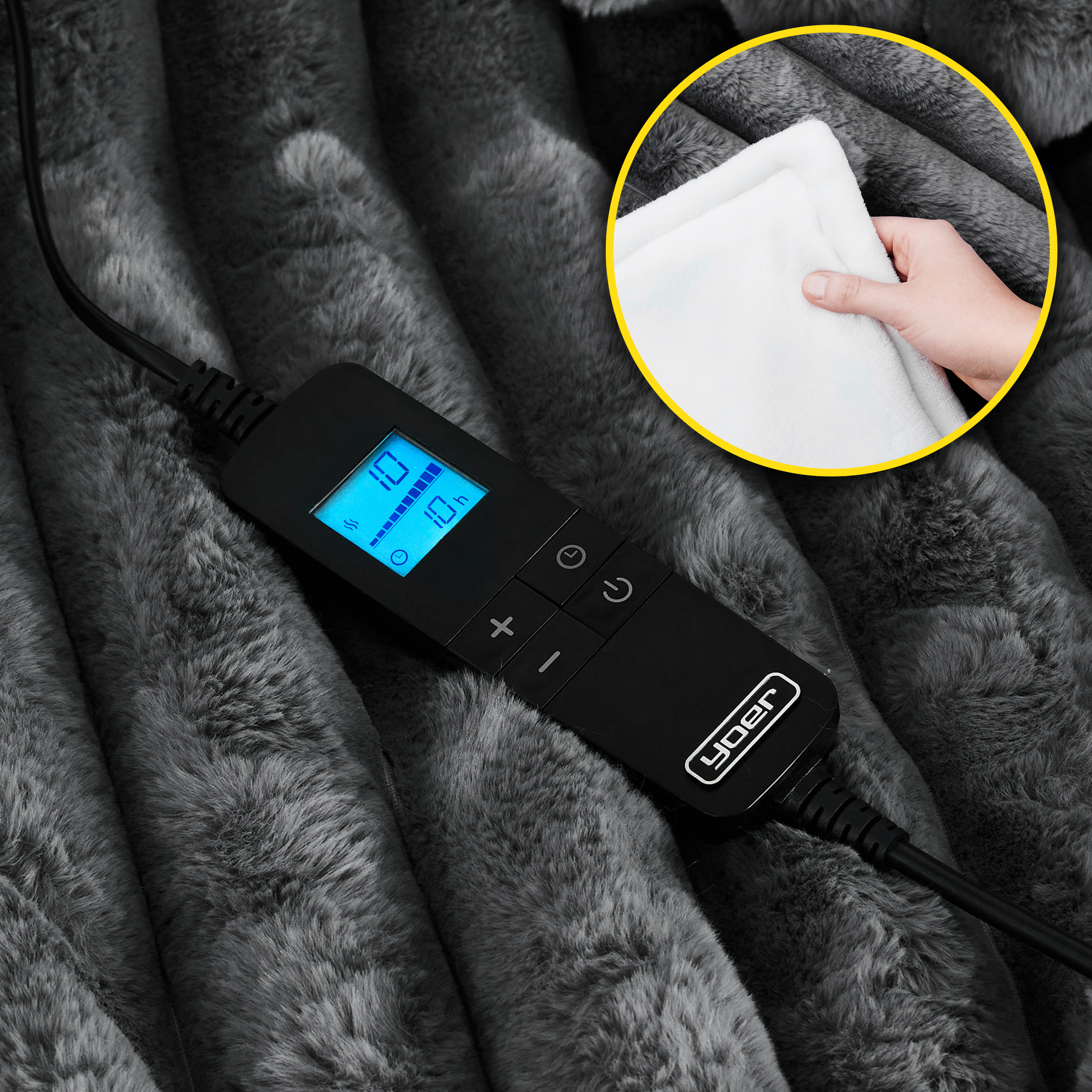 Wyświetlana jest podgrzewana kołdra z panelem sterowania. Ręka podnosi białą część kołdry.