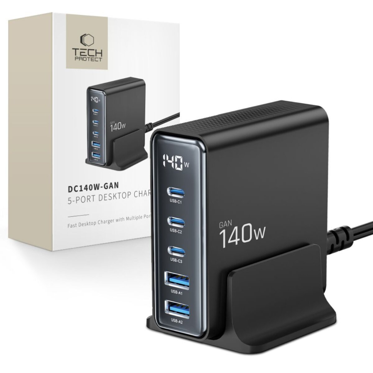 Chargeur de bureau noir 140W avec plusieurs ports USB. La boîte montre le produit, étiqueté 'TECH PROTECT' et 'DC140W-GAN'.