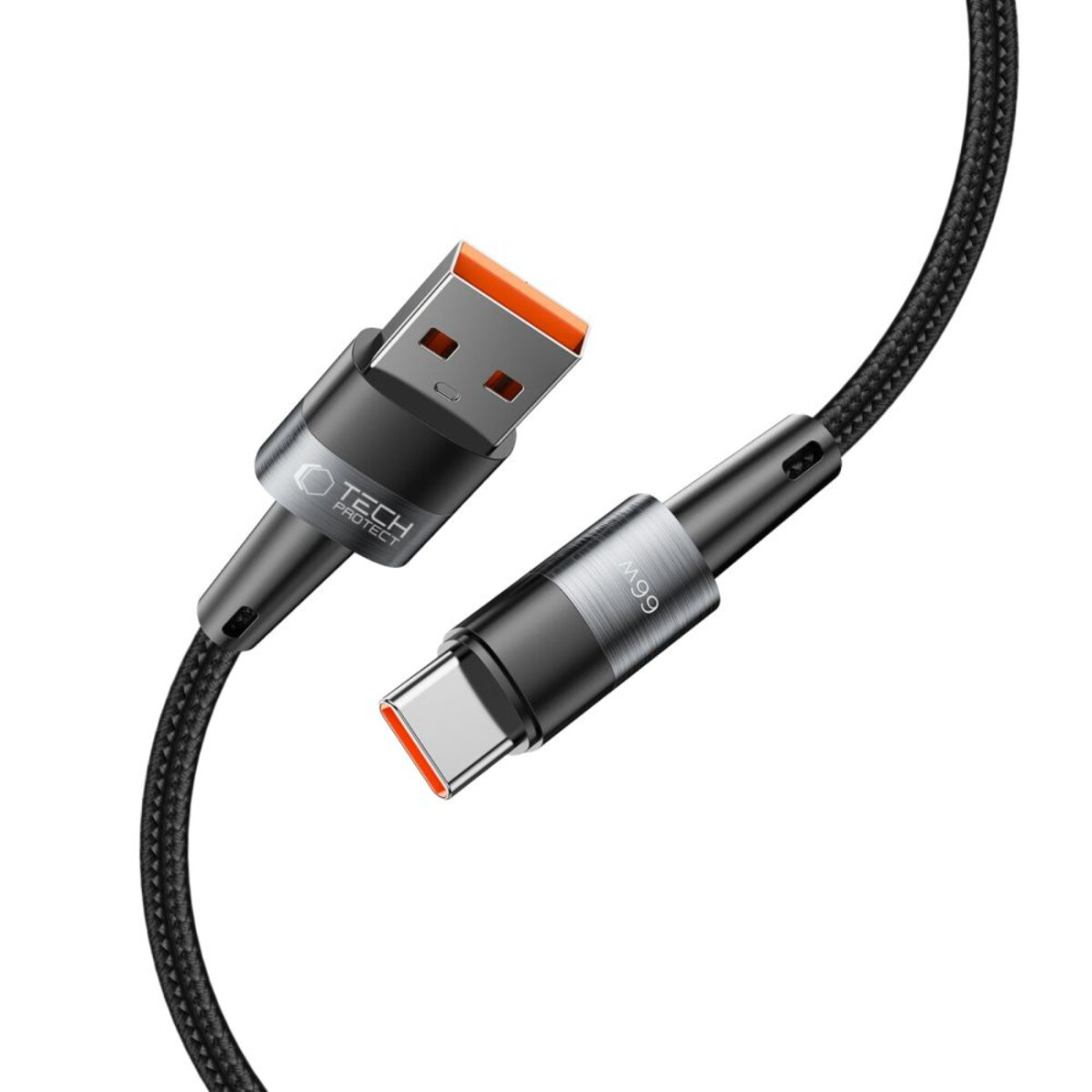 Un câble de chargement USB-C noir et gris avec des accents orange. Le câble a un design tressé. Le nom de la marque est visible sur le connecteur.