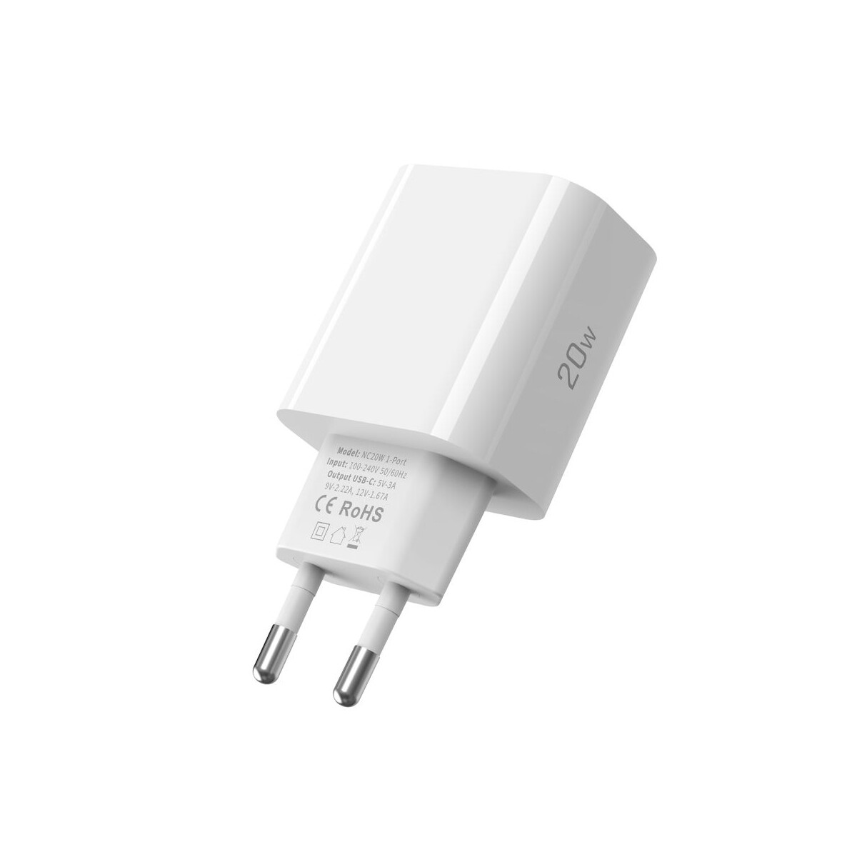 Ein weißes 20-W-USB-C-Ladegerät. Es hat einen rechteckigen Körper mit Stecker und Spezifikationen, einschließlich CE- und RoHS-Kennzeichen.