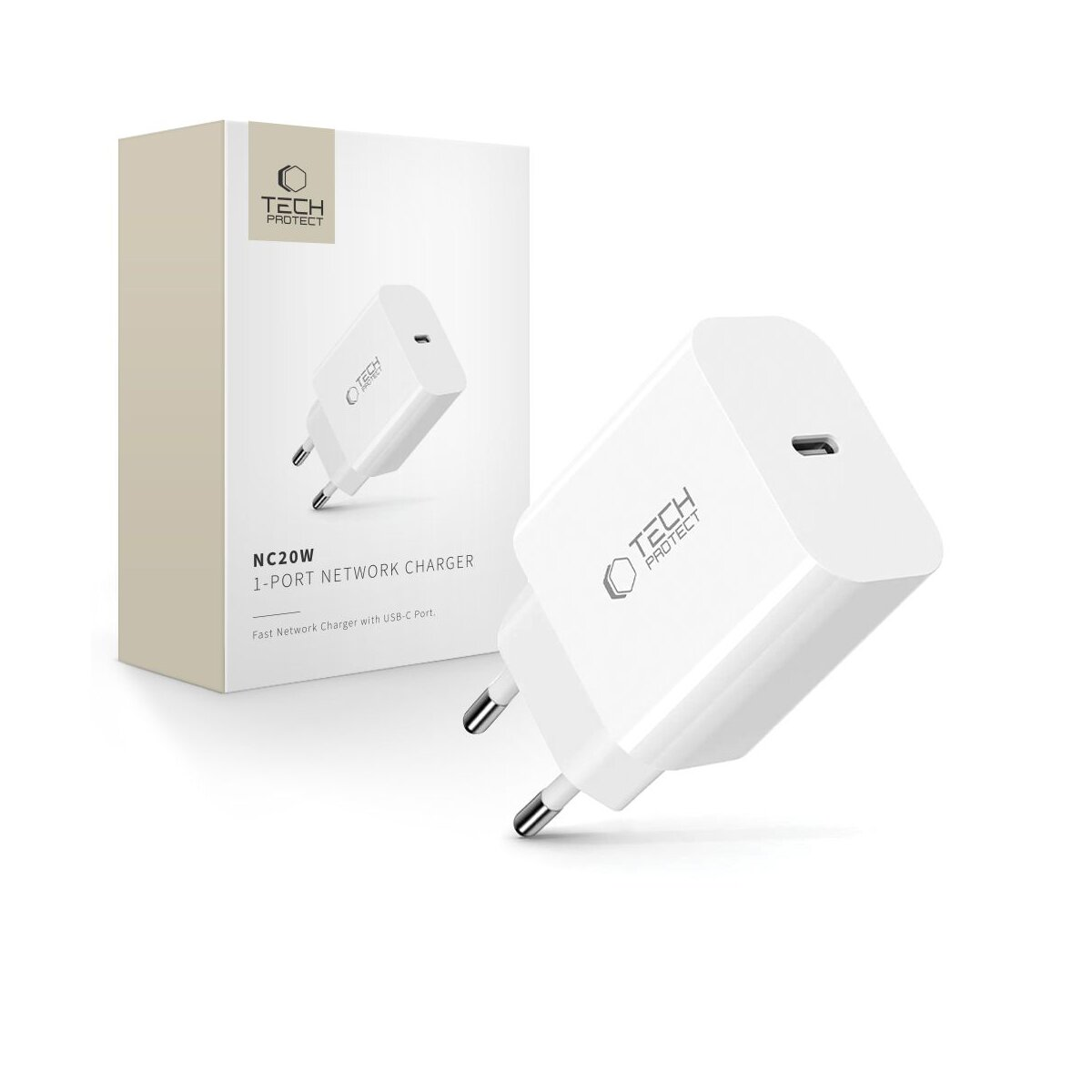 Ein weißes Tech Protect NC20W-Ladegerät mit USB-C-Anschluss, neben der Box, auf weißem Hintergrund. Die Box hat das gleiche Ladegerät aufgedruckt.