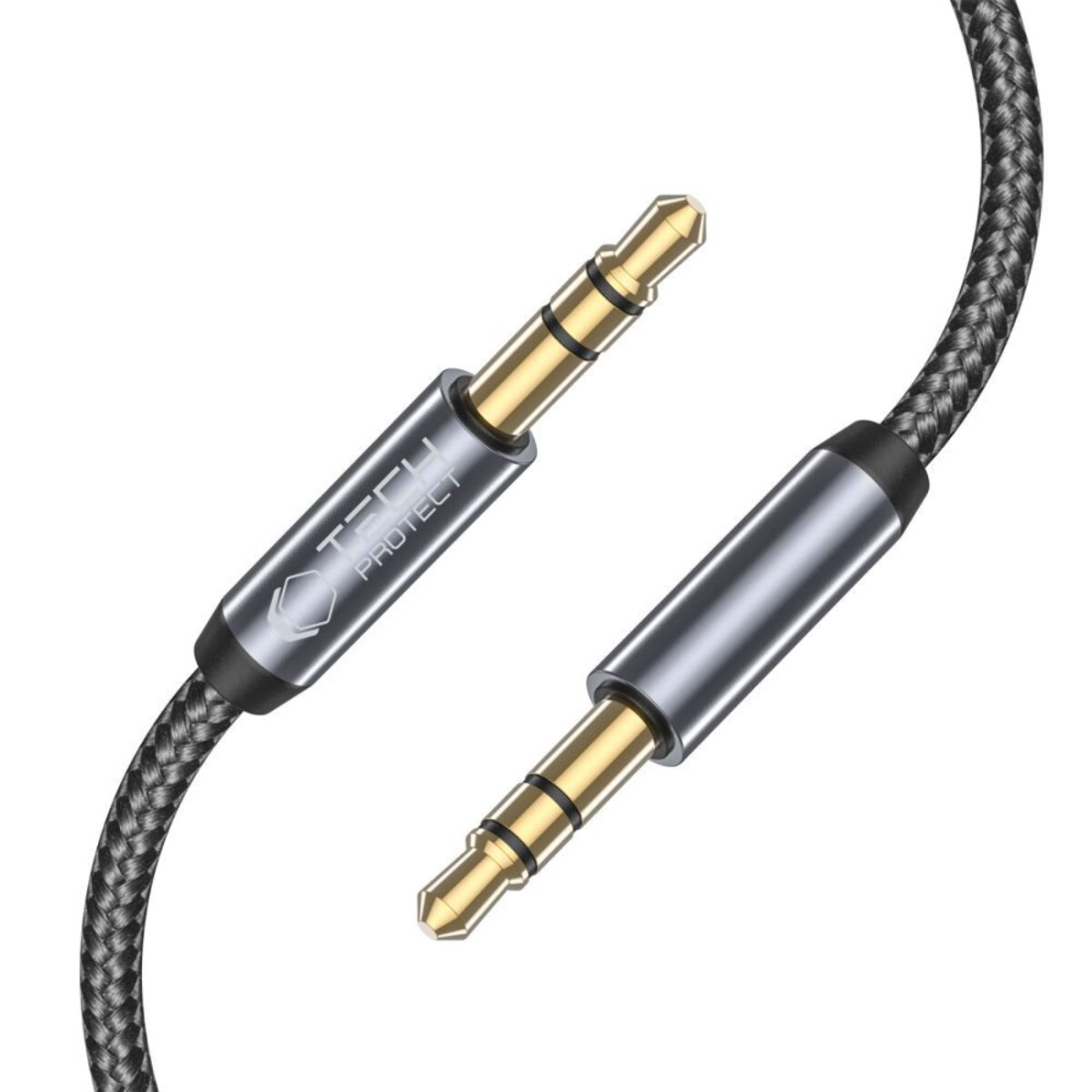 Two 3.5mm audio jacks with gold-plated connectors, gray metal housings, and a braided black cable.
