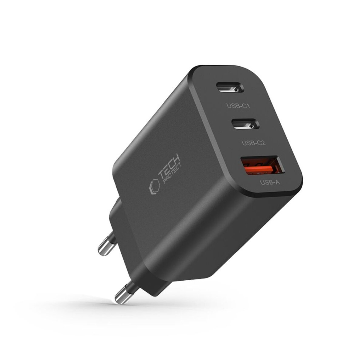 Zwarte Tech Protect USB-lader met USB-C- en USB-A-poorten. Het heeft twee pinnen voor stroom en een logo.