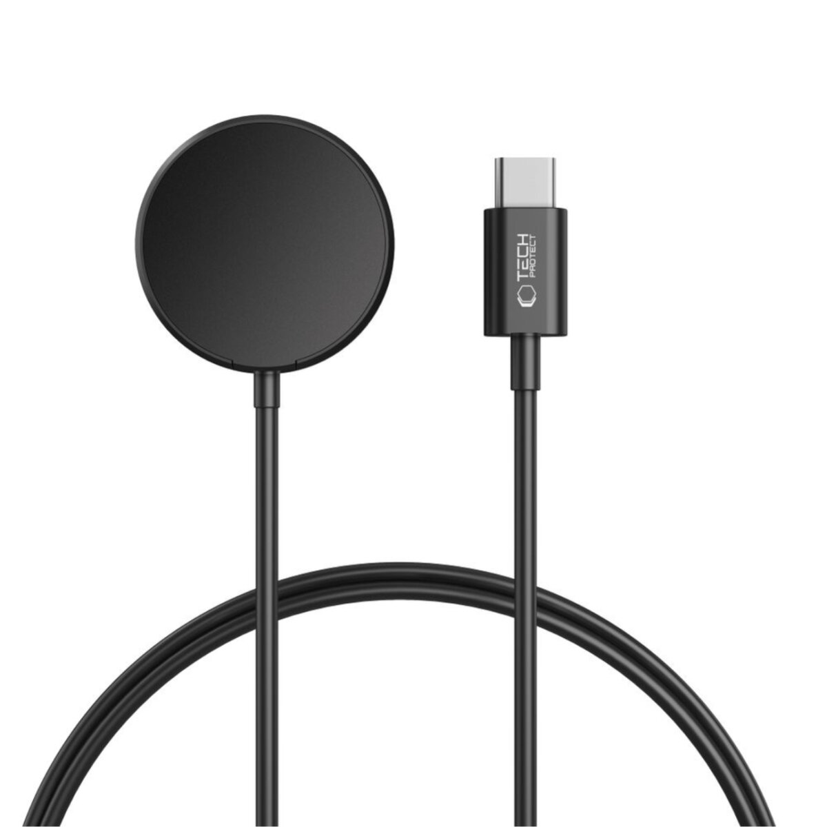 Een zwarte draadloze oplader en een USB-C-kabel. De oplader is rond, de kabel is zwart. De kabel heeft een 'Tech Protect'-logo.