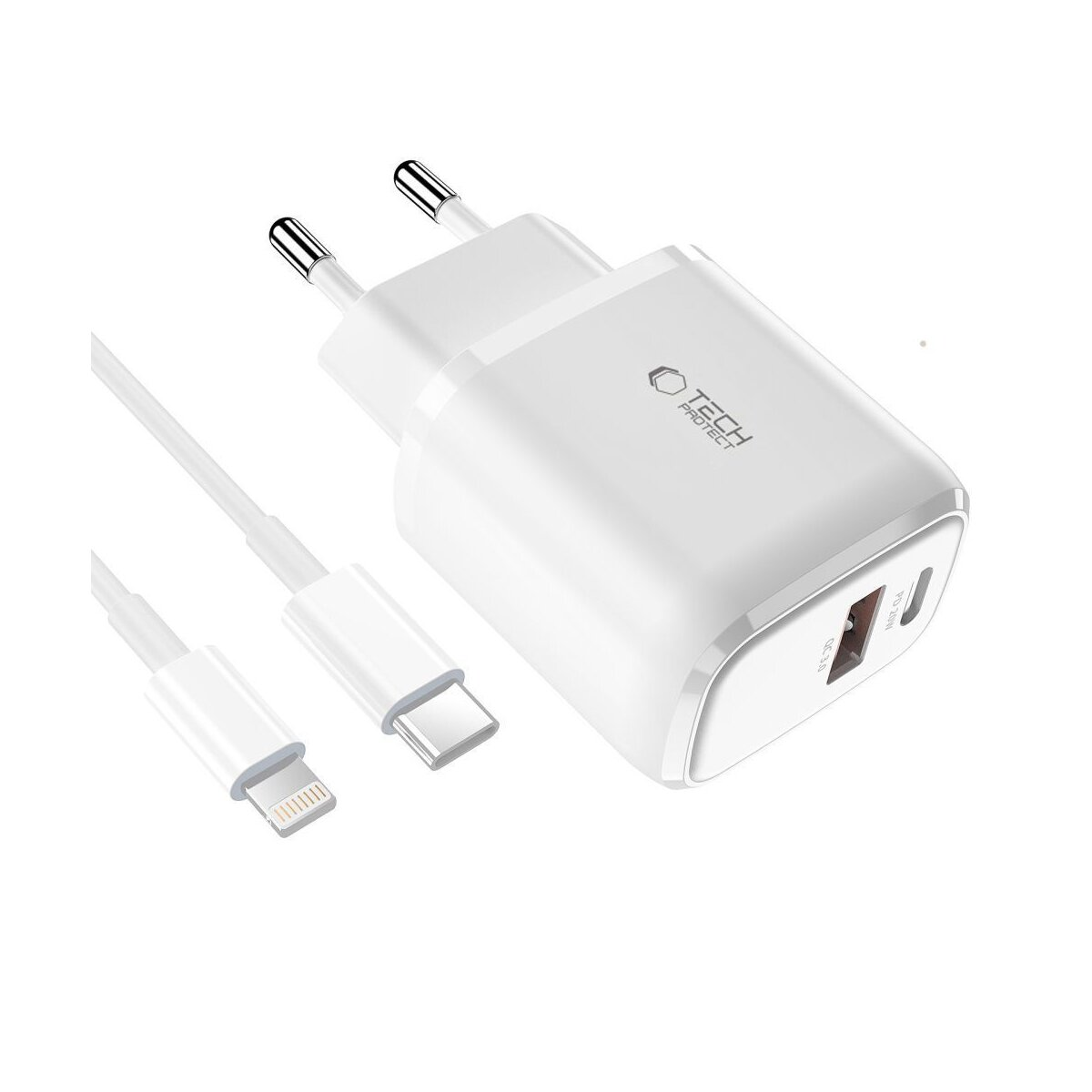Un chargeur Tech Protect blanc avec deux broches et deux câbles de charge blancs. Un avec USB-C et un avec connecteur Lightning.