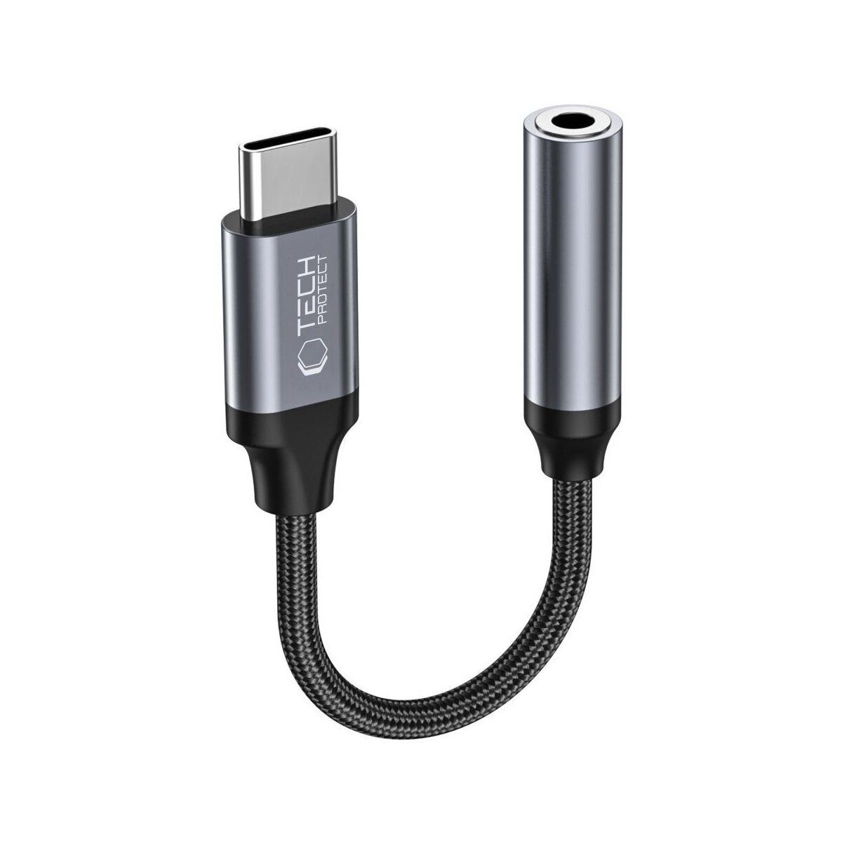 A USB-C to headphone jack adapter. The USB-C end is silver and black, the audio jack end is silver. A black braided cable connects them.