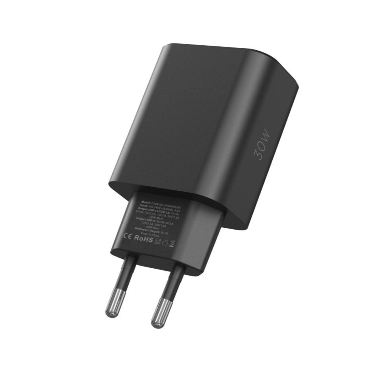 Een zwarte 30W oplader met twee pinnen. Het bevat tekst met details over spanning en output.