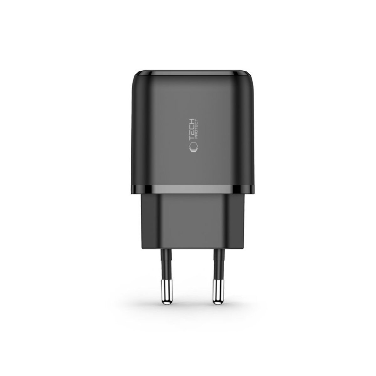 Un chargeur Tech Protect gris foncé avec deux broches. Le chargeur a une forme rectangulaire avec des bords arrondis et un logo.
