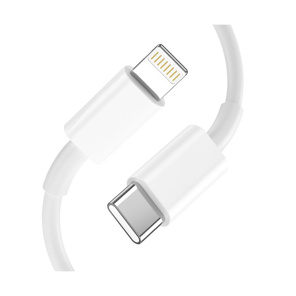 Un câble de chargement blanc avec deux extrémités : un connecteur Lightning et un connecteur USB-C. Les deux connecteurs sont blancs.
