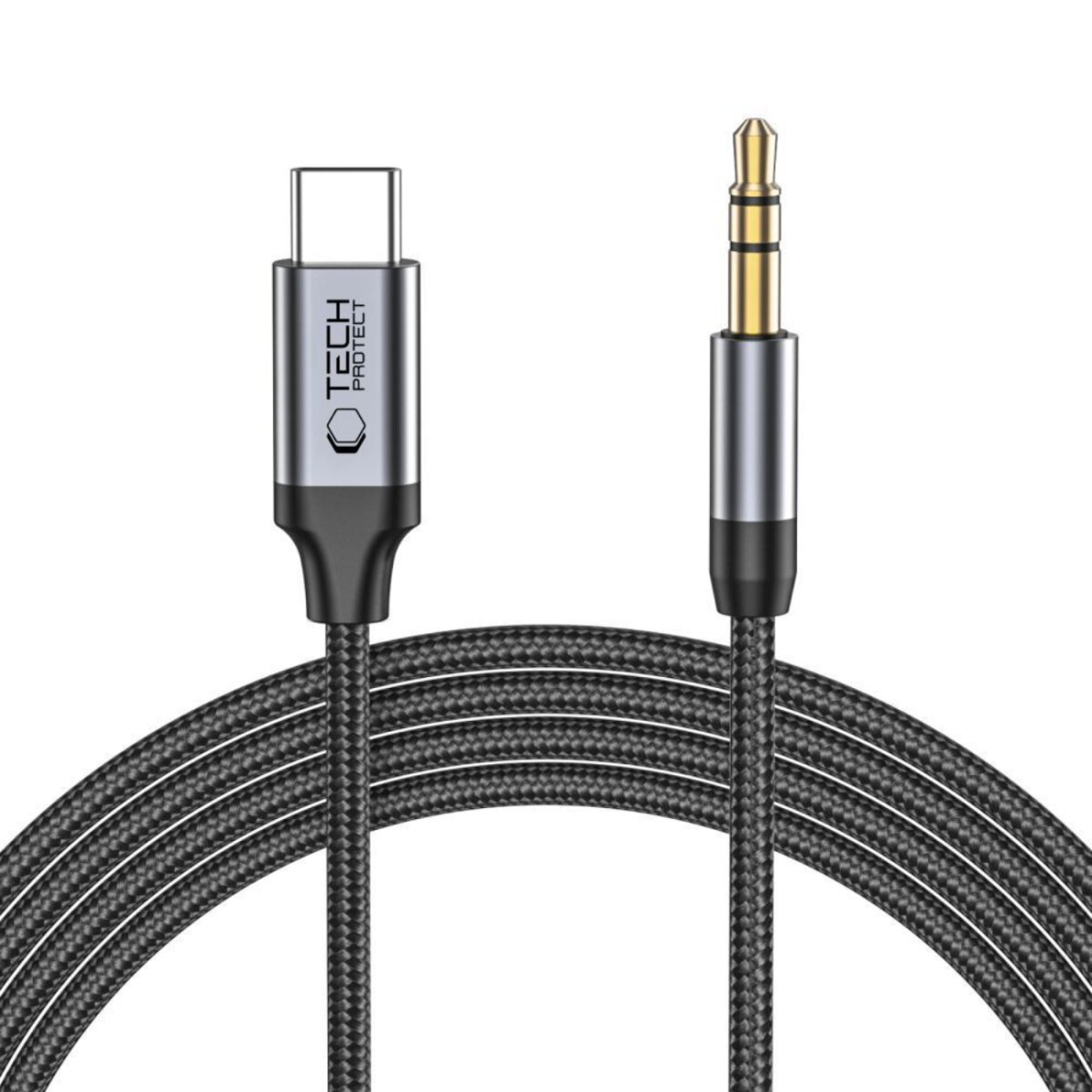 Image shows a USB-C and a 3.5mm audio jack cable with a black braided cord. The connectors are silver and gold.