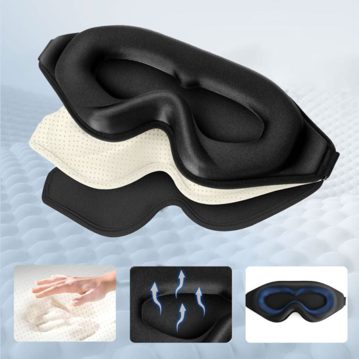 Eine mehrschichtige Schlafmaske mit schwarzen und cremefarbenen Abschnitten. Insets zeigen Schaum, Luftstrom und das Innere.