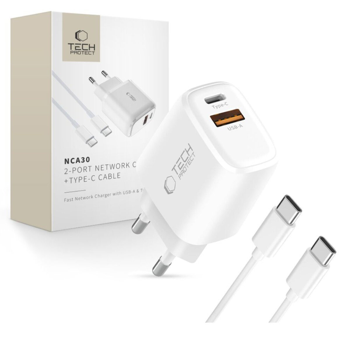 Ein weißes Tech Protect Ladegerät mit USB-A- und Typ-C-Anschlüssen, Kabeln und Verpackung. Auf der Box steht NCA30 und 2-Port-Netzwerk-Ladegerät.