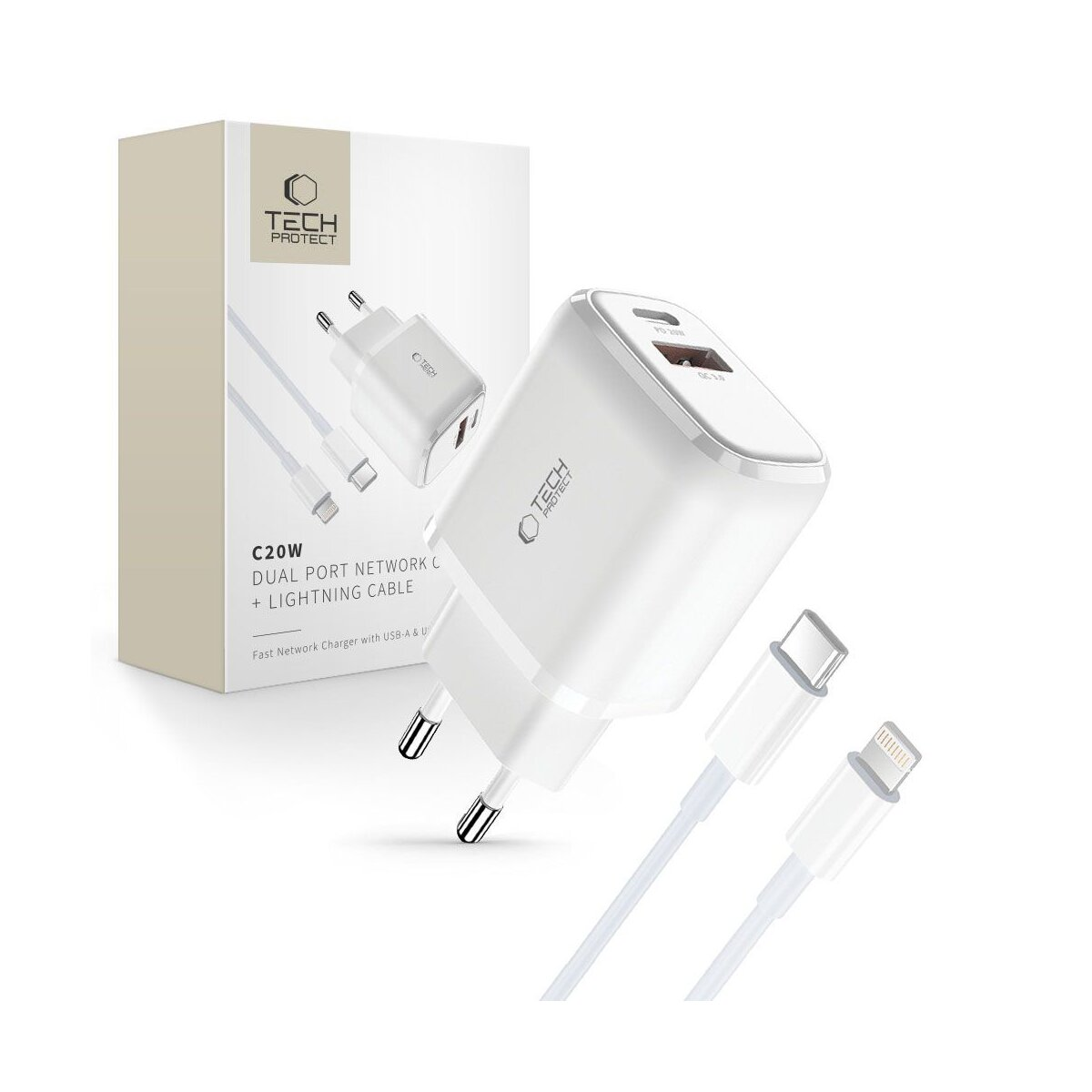 Chargeur blanc double port Tech Protect avec un câble Lightning et un câble USB-C, devant sa boîte. La boîte a le logo.
