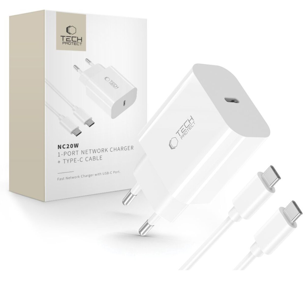 Ein weißes TECH PROTECT-Ladegerät mit Kabel und einer Box, Produktaufnahme. Auf der Box steht 'NC20W 1-PORT NETWORK CHARGER'.