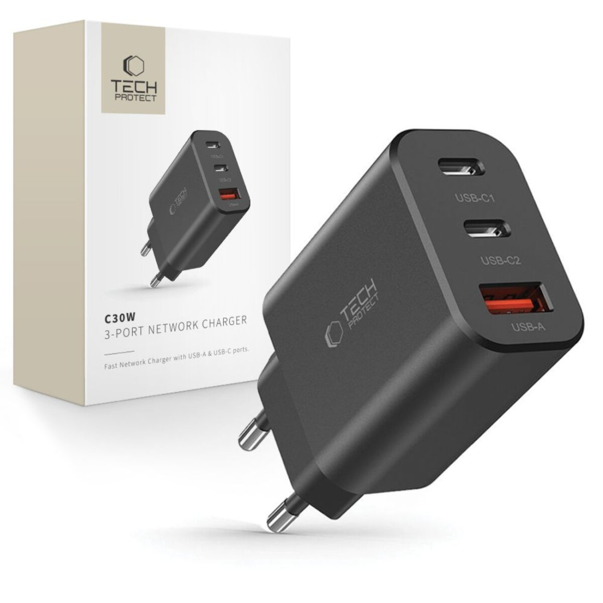Een zwarte Tech Protect 3-poorts netwerklader. Het heeft USB-C1, USB-C2 en USB-A poorten. De verpakking is op de achtergrond.