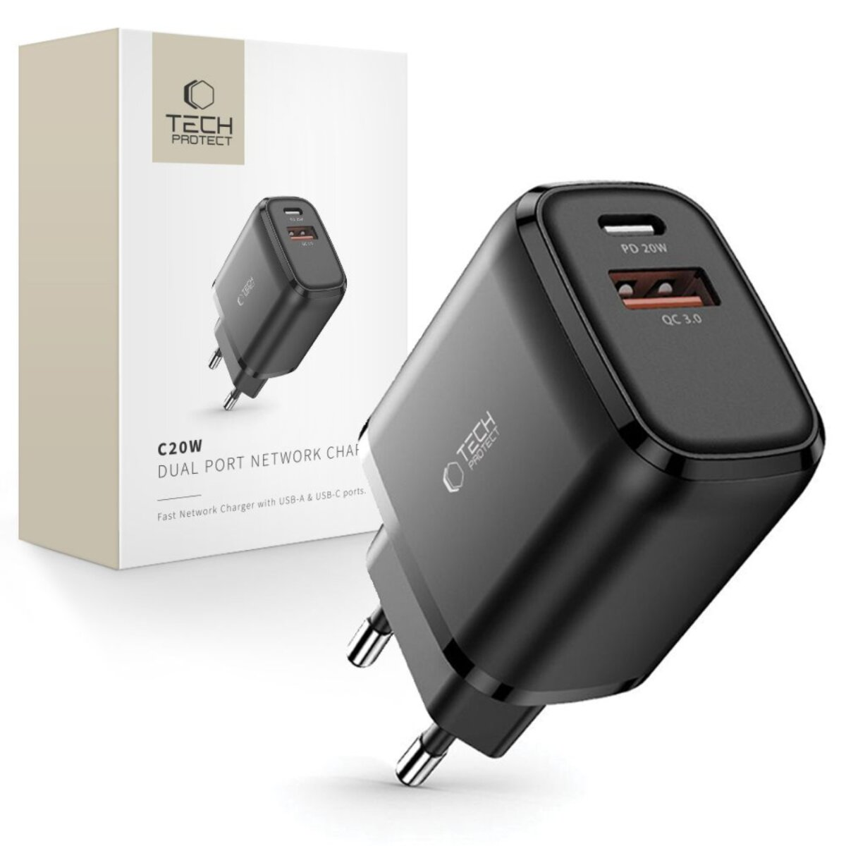 Un chargeur noir Tech Protect C20W avec une boîte blanche en arrière-plan. Il possède des ports USB-A et USB-C et une étiquette PD 20W.
